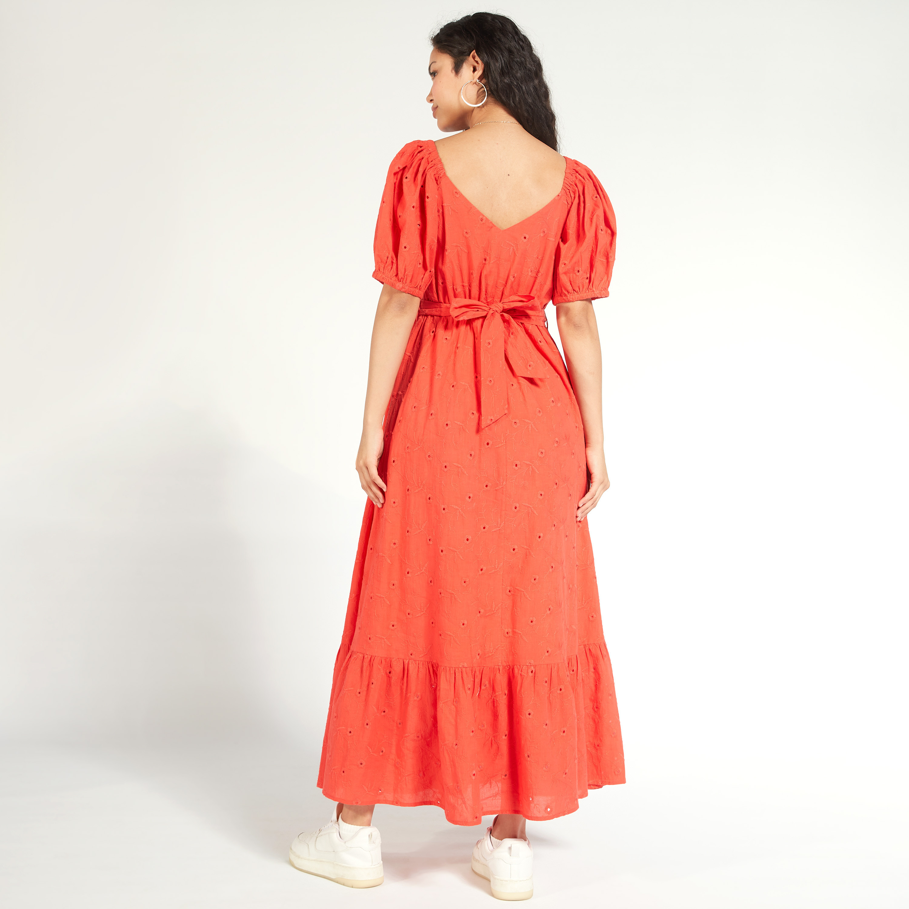 Embroidered Maxi A-line Dress with Tie-Up Belt and Short Sleeves-women-clothing-dresses-image-9