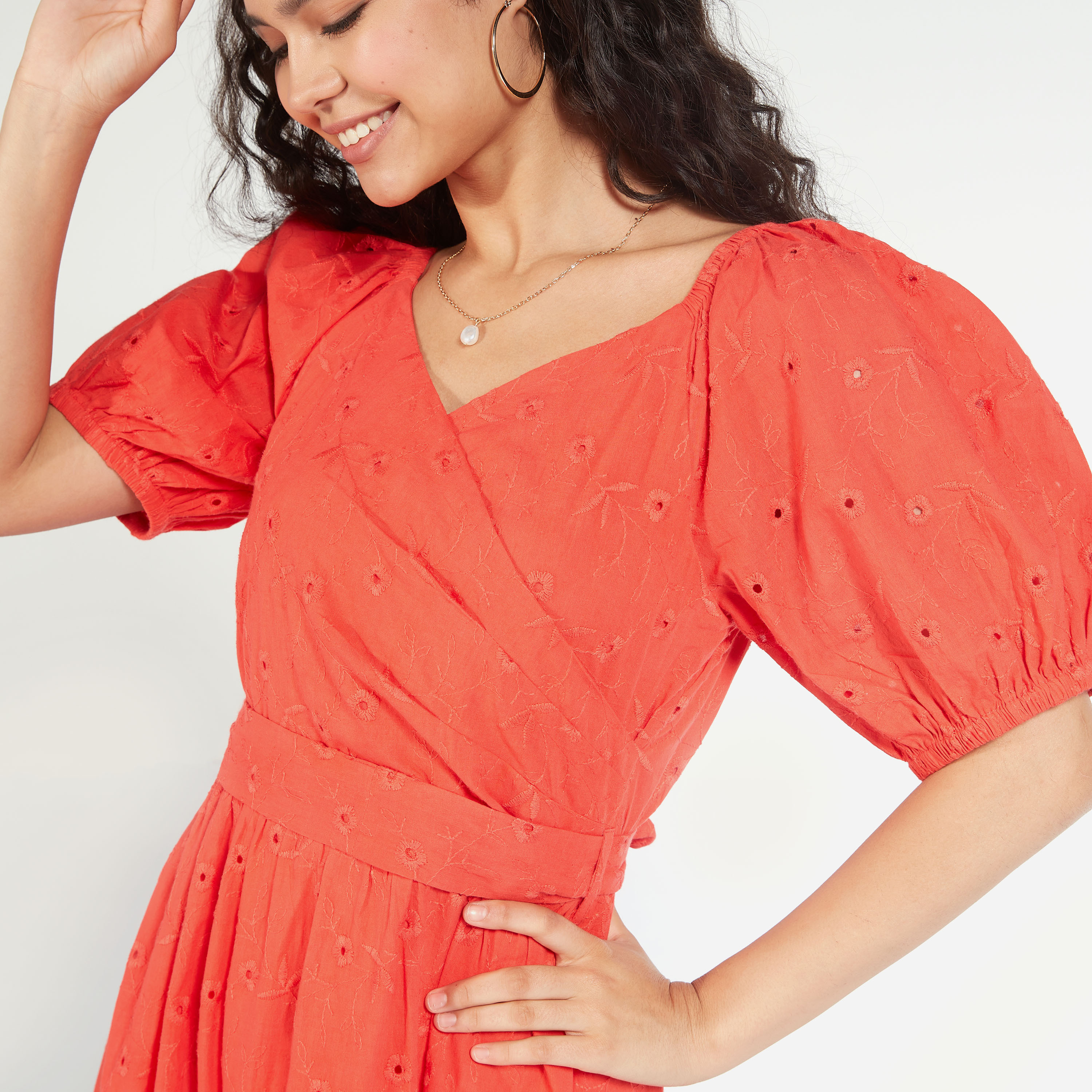 Embroidered Maxi A-line Dress with Tie-Up Belt and Short Sleeves-women-clothing-dresses-image-10
