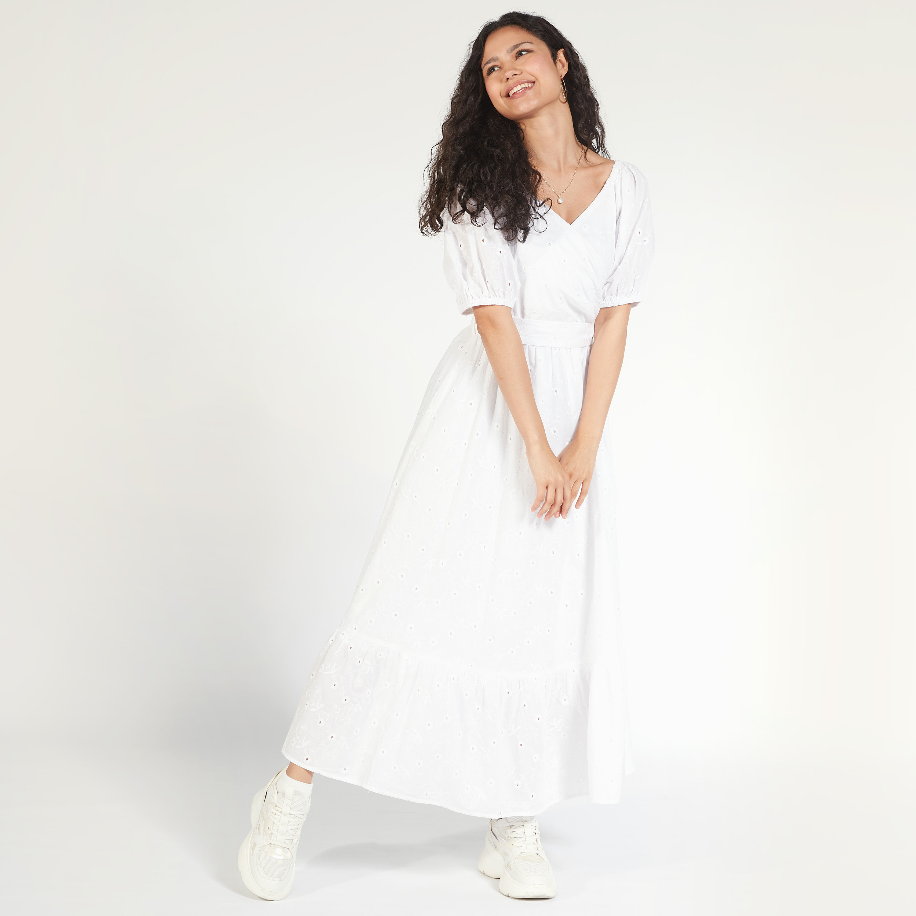 Embroidered Maxi A-line Dress with Tie-Up Belt and Short Sleeves-women-clothing-dresses-image-1
