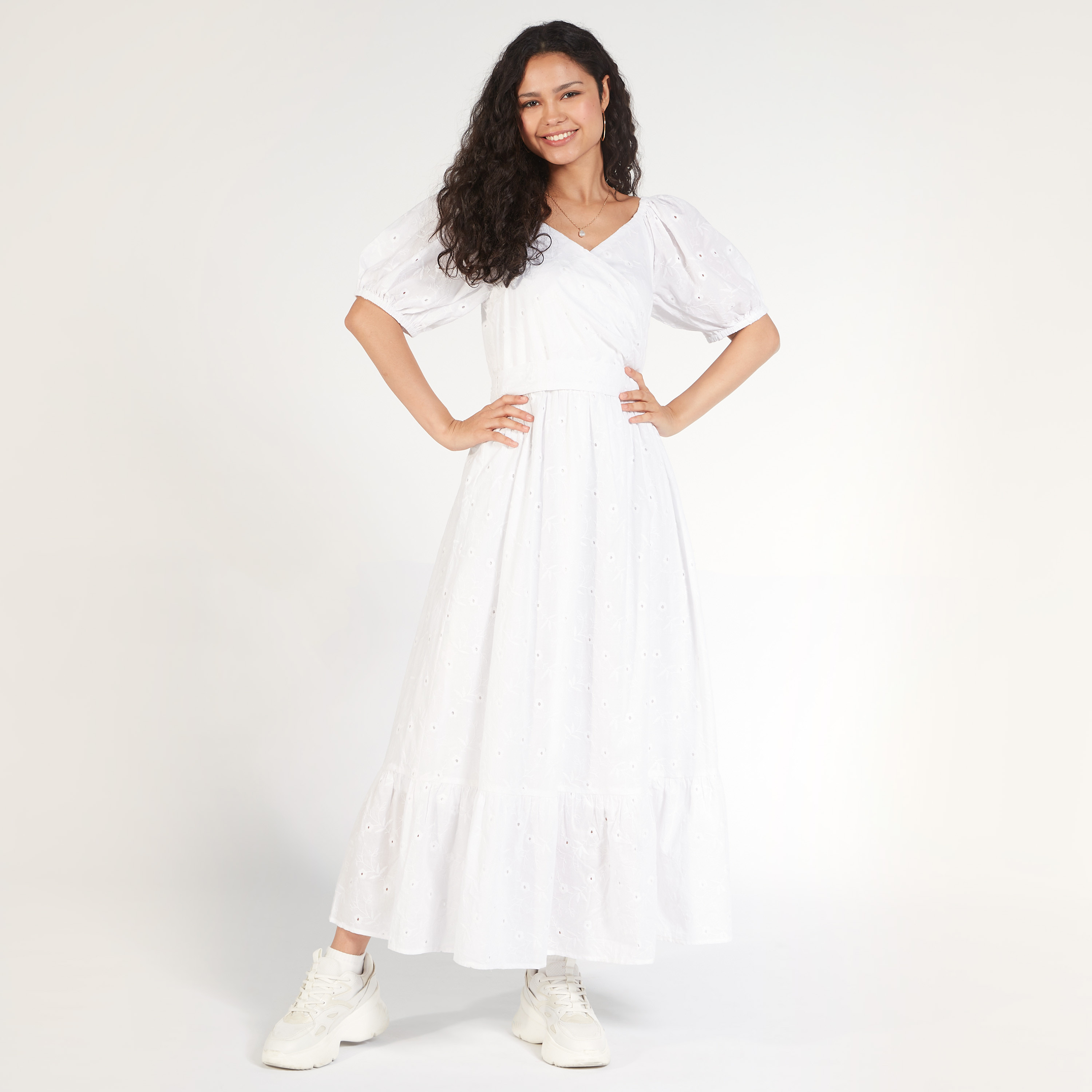 Embroidered Maxi A-line Dress with Tie-Up Belt and Short Sleeves-women-clothing-dresses-image-2