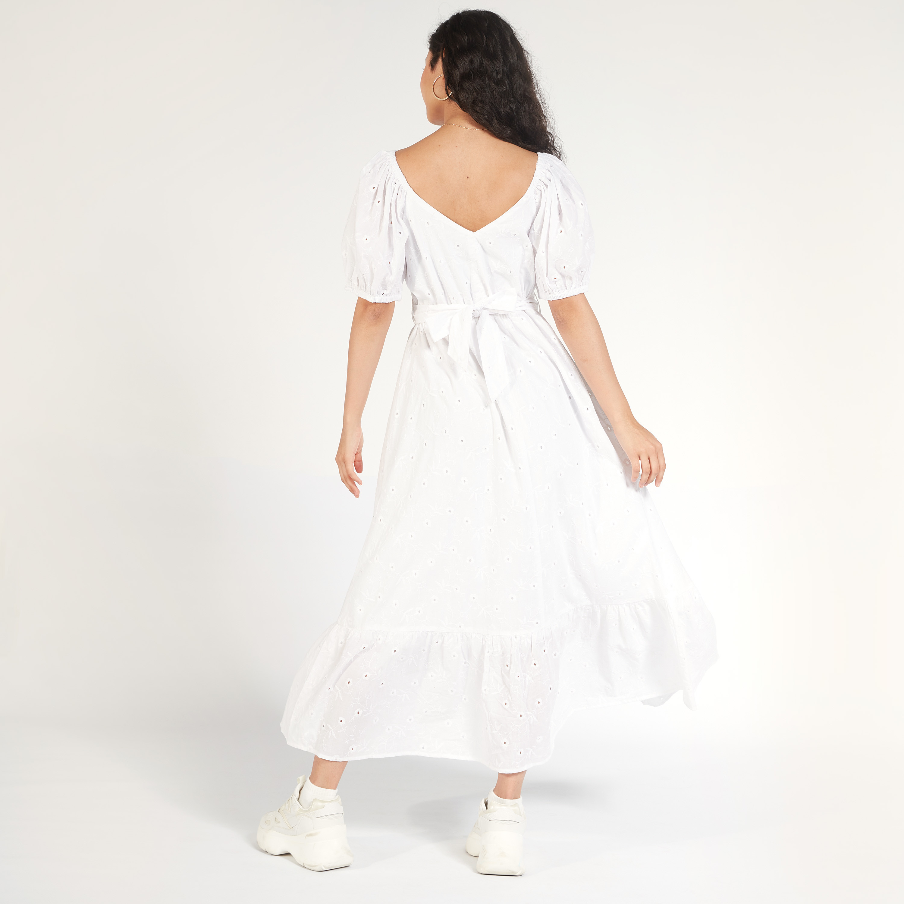 Embroidered Maxi A-line Dress with Tie-Up Belt and Short Sleeves-women-clothing-dresses-image-4