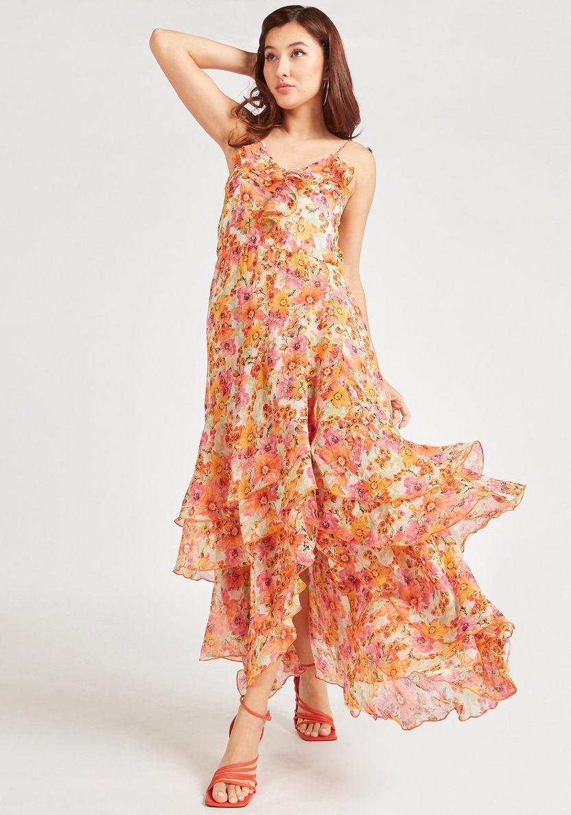 Floral Print A-line Maxi Dress with V-neck and Adjustable Straps-Dresses-image-0