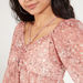 Floral Print V-neck Top with 3/4 Sleeves and Ruched Detail-Shirts and Blouses-thumbnailMobile-2