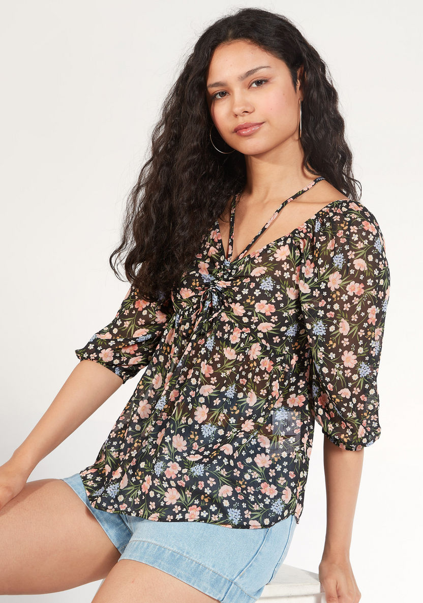 Floral Print V-neck Top with 3/4 Sleeves and Ruched Detail-Shirts and Blouses-image-0