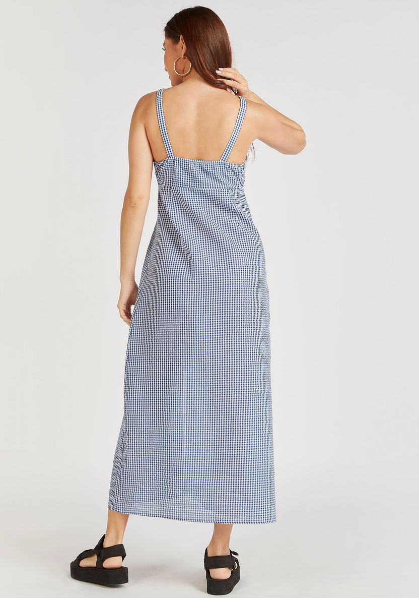 Checked Sleeveless Maxi Dress with V-neck and Button Closure-Dresses-image-3