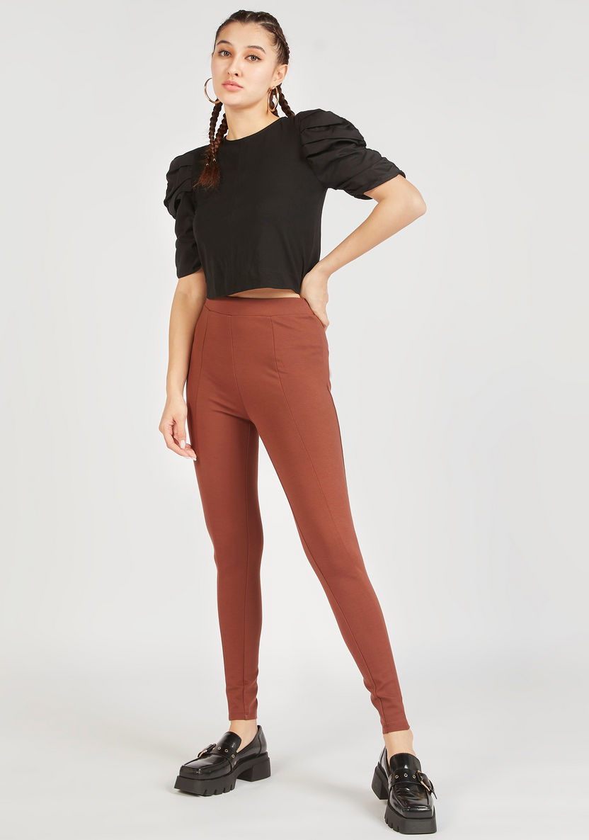 Solid Treggings with Elasticated Waistband-Leggings-image-1