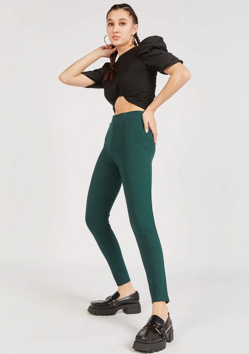 Solid Treggings with Elasticated Waistband-Leggings-image-1