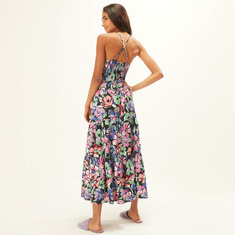Floral Print Sleeveless A-line Dress with Halter Neck