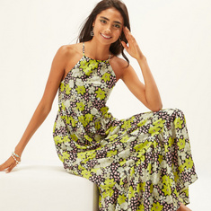 Floral Print Sleeveless A-line Dress with Halter Neck
