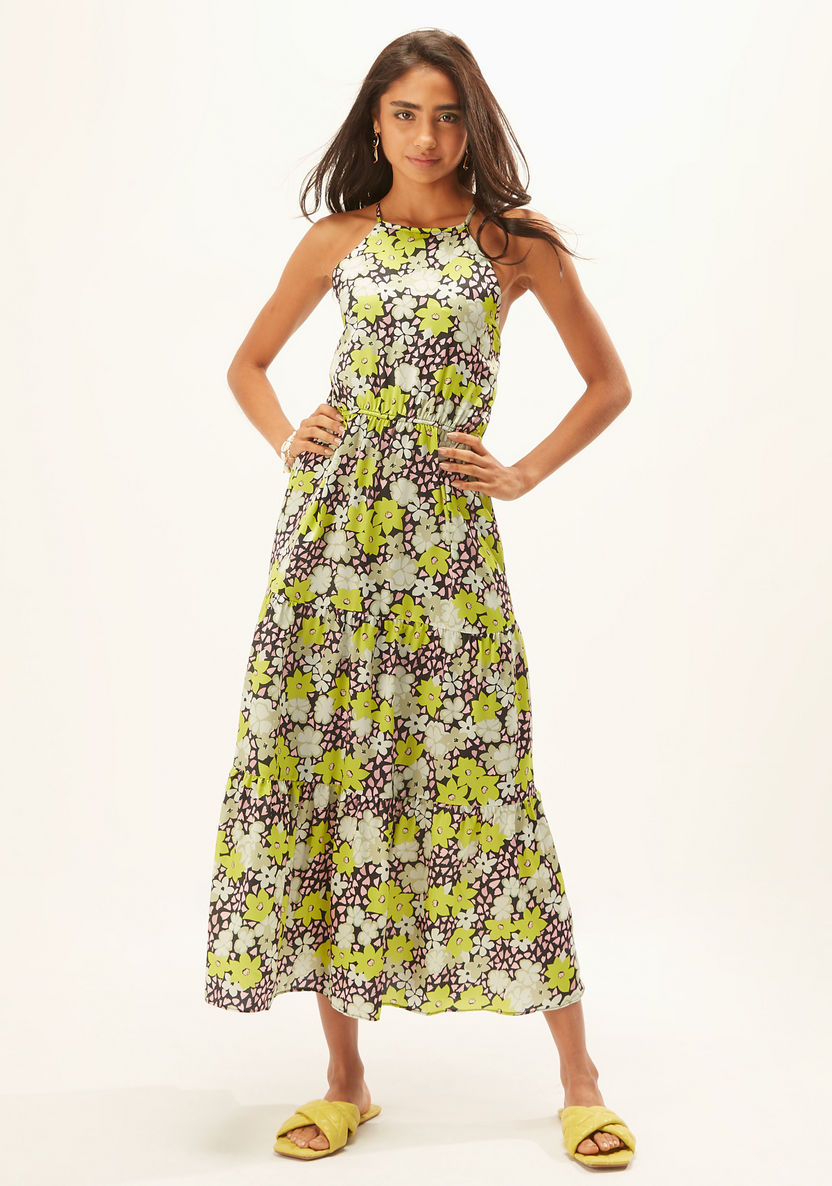 Floral Print Sleeveless A-line Dress with Halter Neck-Dresses-image-1