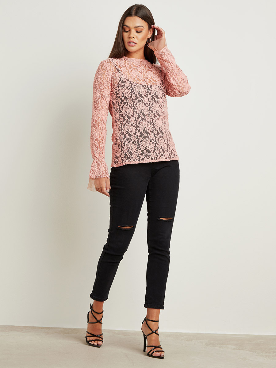 Sheer Lace Long Sleeves Top with Round Neck-women-clothing-shirtsandblouses-blouses-image-2