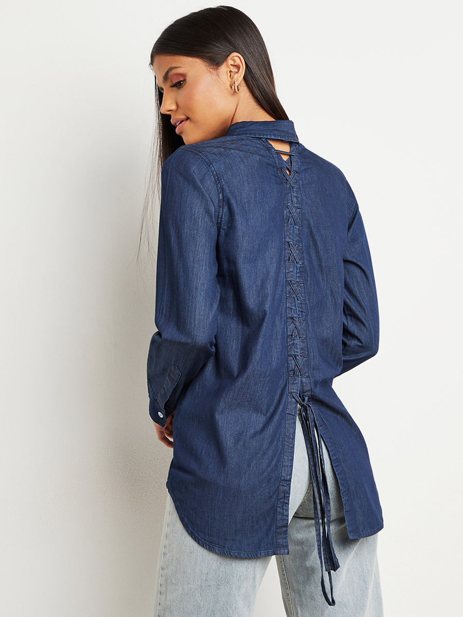 Styli Lace Up Back Detail Denim Shirt with Button Closure-women-clothing-shirtsandblouses-blouses-image-1