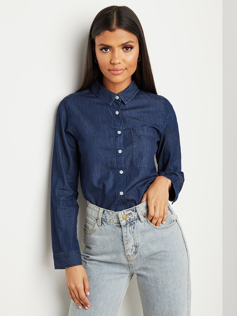 Styli Lace Up Back Detail Denim Shirt with Button Closure-women-clothing-shirtsandblouses-blouses-image-2