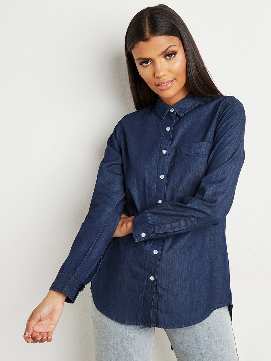 Styli Lace Up Back Detail Denim Shirt with Button Closure-women-clothing-shirtsandblouses-blouses-image-3