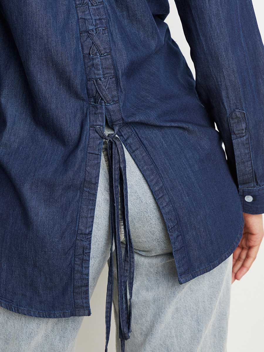 Styli Lace Up Back Detail Denim Shirt with Button Closure-women-clothing-shirtsandblouses-blouses-image-4