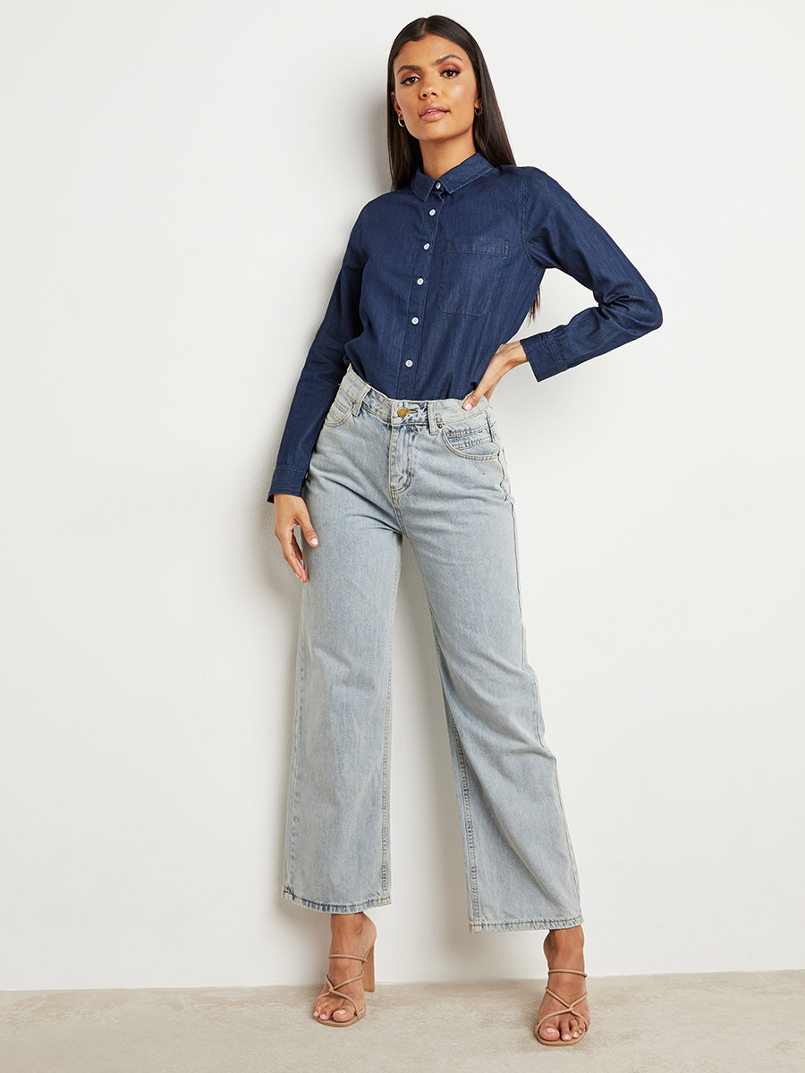 Styli Lace Up Back Detail Denim Shirt with Button Closure-women-clothing-shirtsandblouses-blouses-image-5