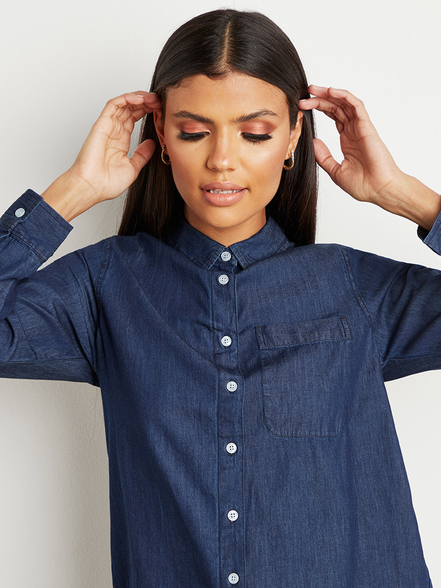 Styli Lace Up Back Detail Denim Shirt with Button Closure-women-clothing-shirtsandblouses-blouses-image-6