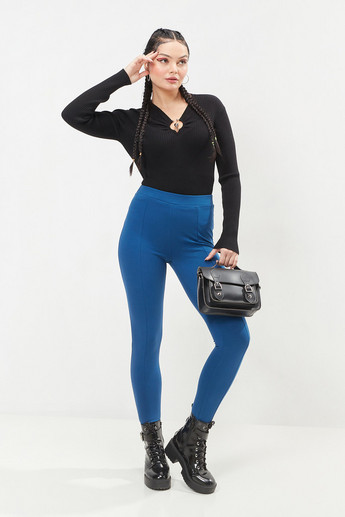 Buy Women's Solid High-Waist Leggings with Front Seam Detail