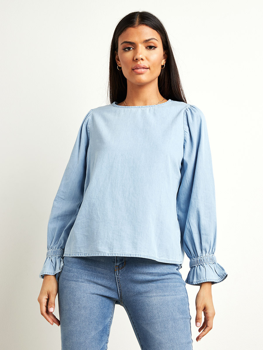 بلوزة جينز بأكمام مزمومة-women-clothing-shirtsandblouses-blouses-image-2
