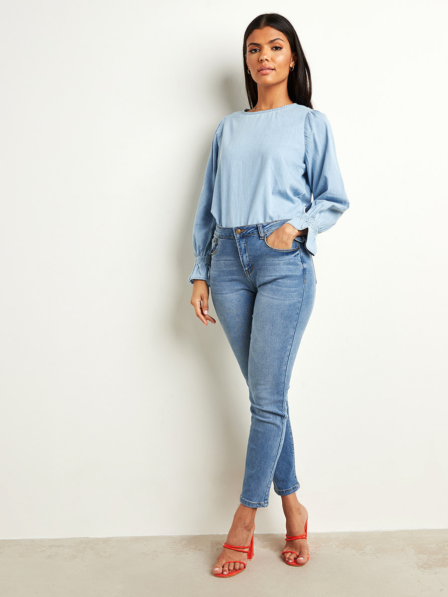 بلوزة جينز بأكمام مزمومة-women-clothing-shirtsandblouses-blouses-image-3