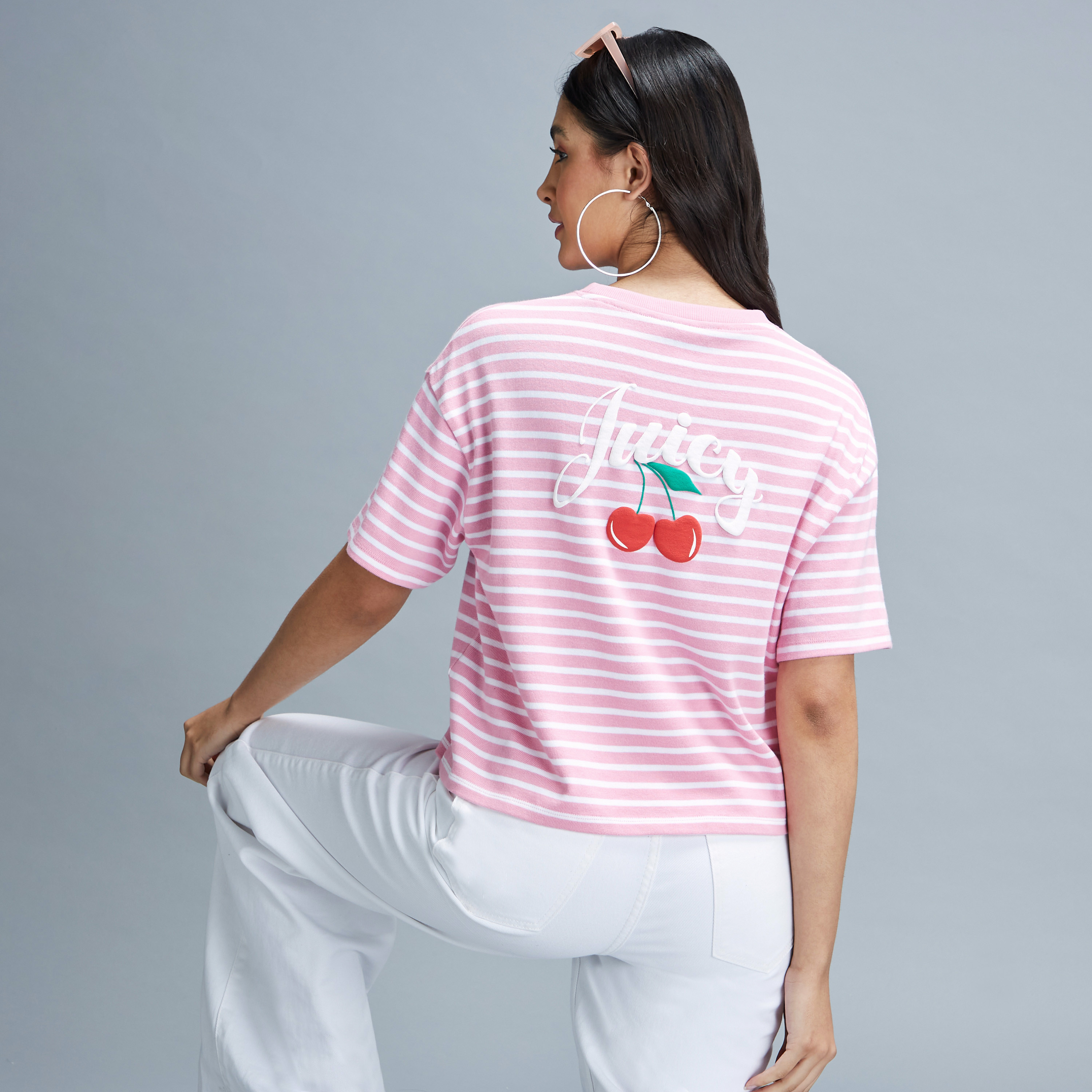 Striped Crop T-shirt with Crew Neck and Short Sleeves-women-clothing-tshirts-image-1