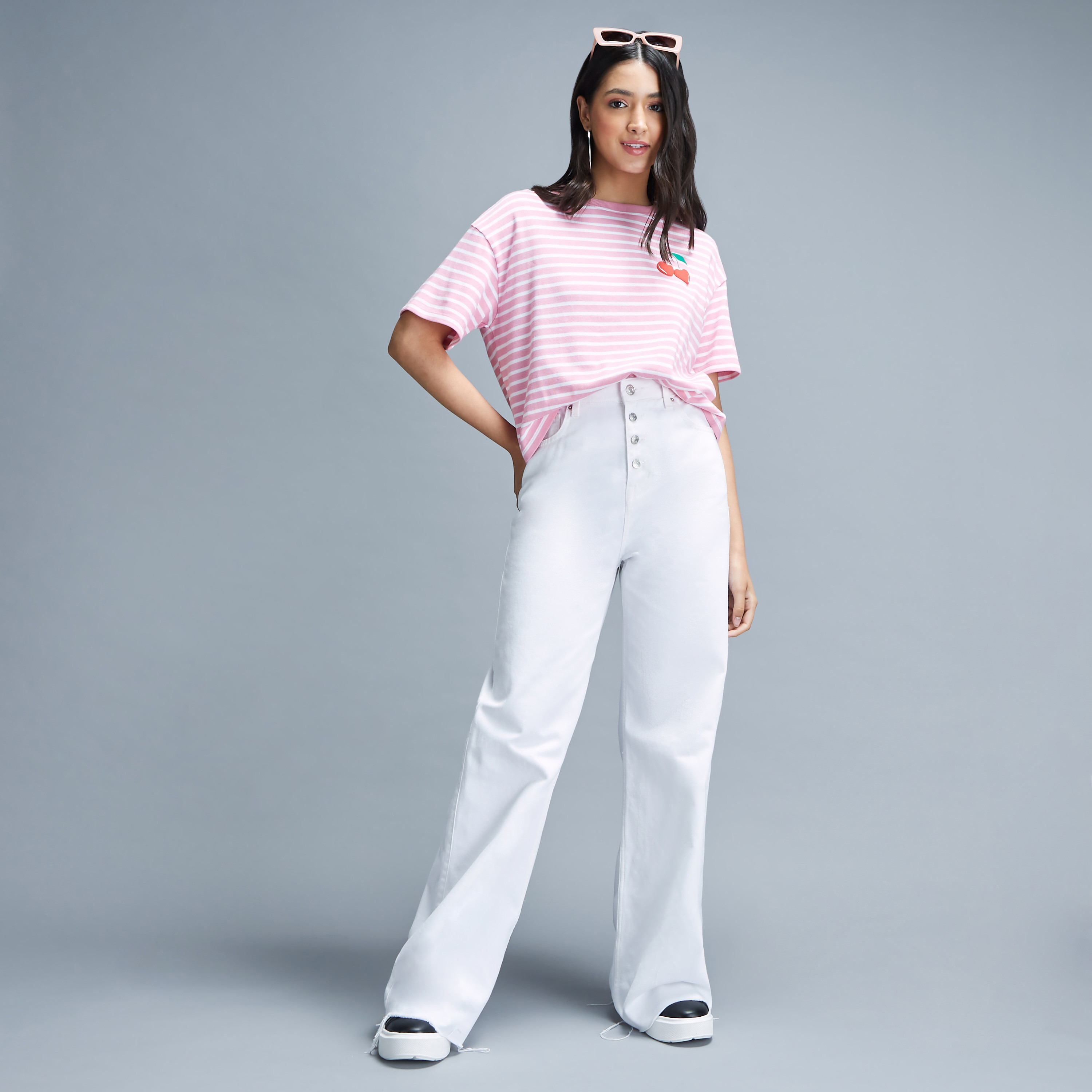 Striped Crop T-shirt with Crew Neck and Short Sleeves-women-clothing-tshirts-image-2