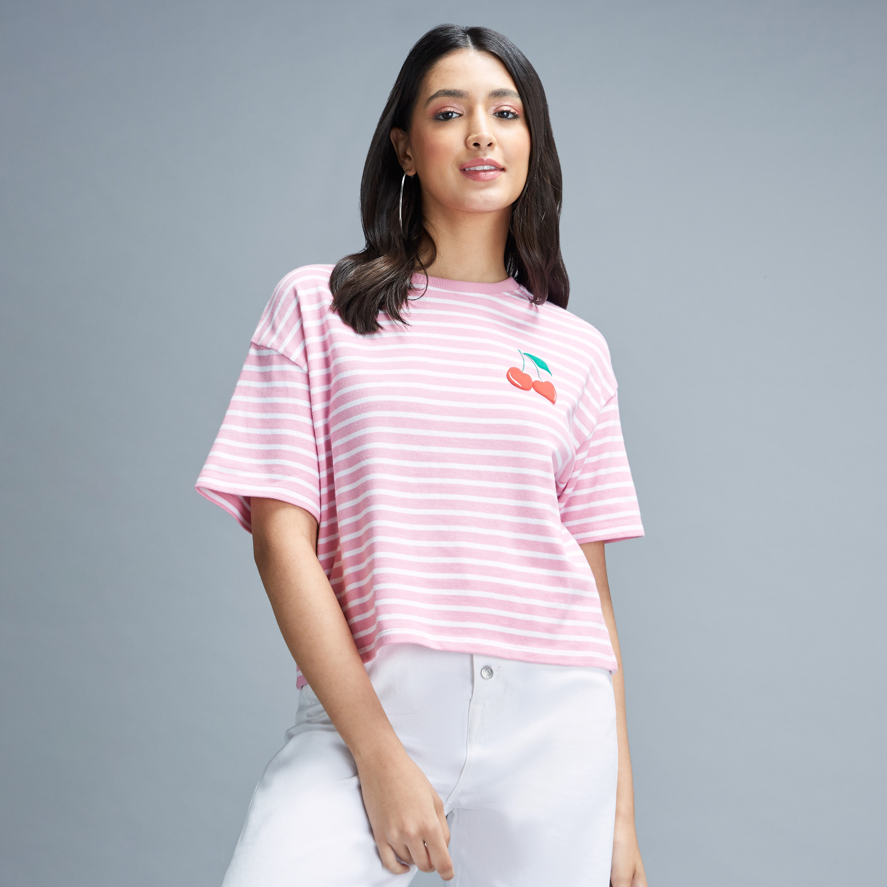 Striped Crop T-shirt with Crew Neck and Short Sleeves-women-clothing-tshirts-image-3