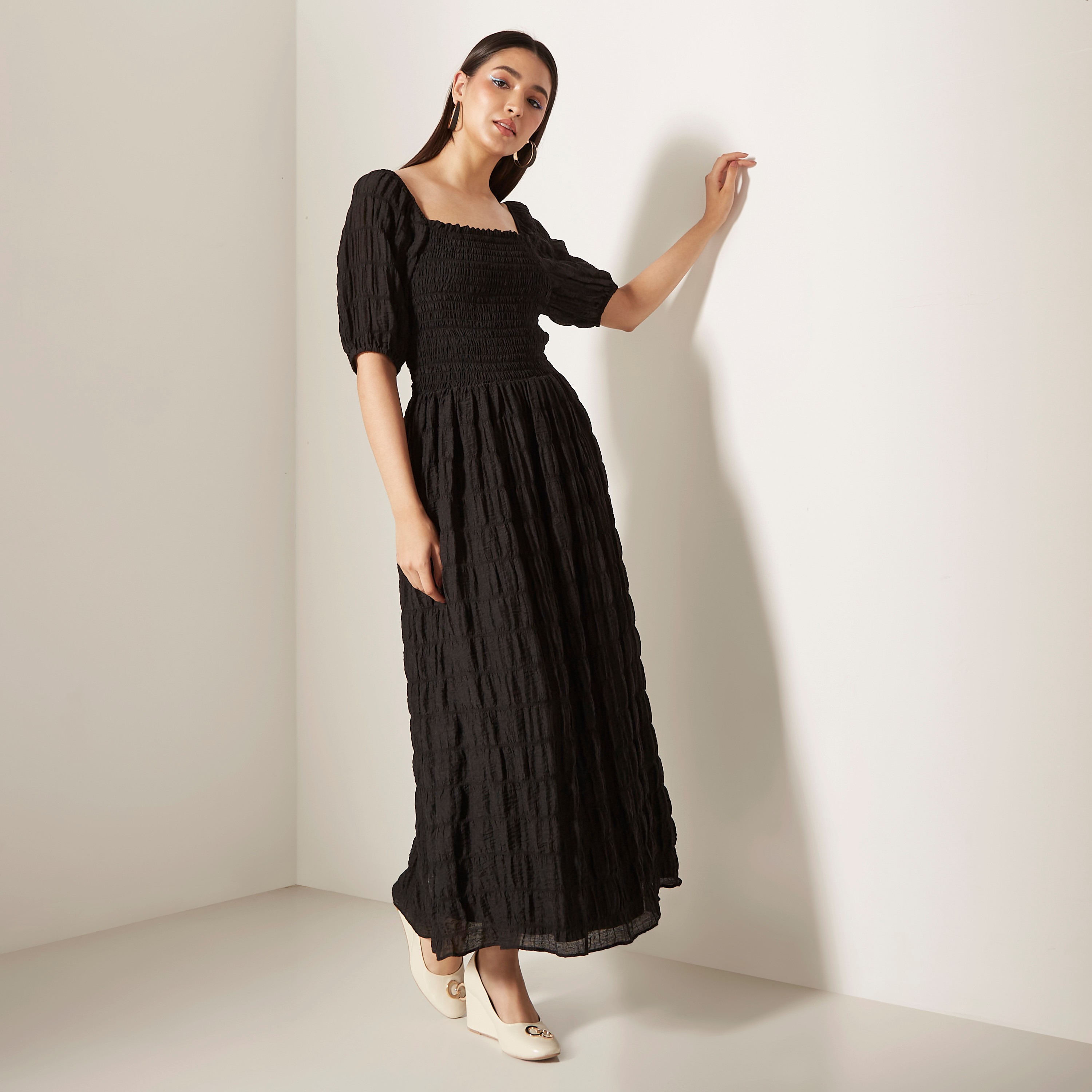 Black shirred maxi dress sale