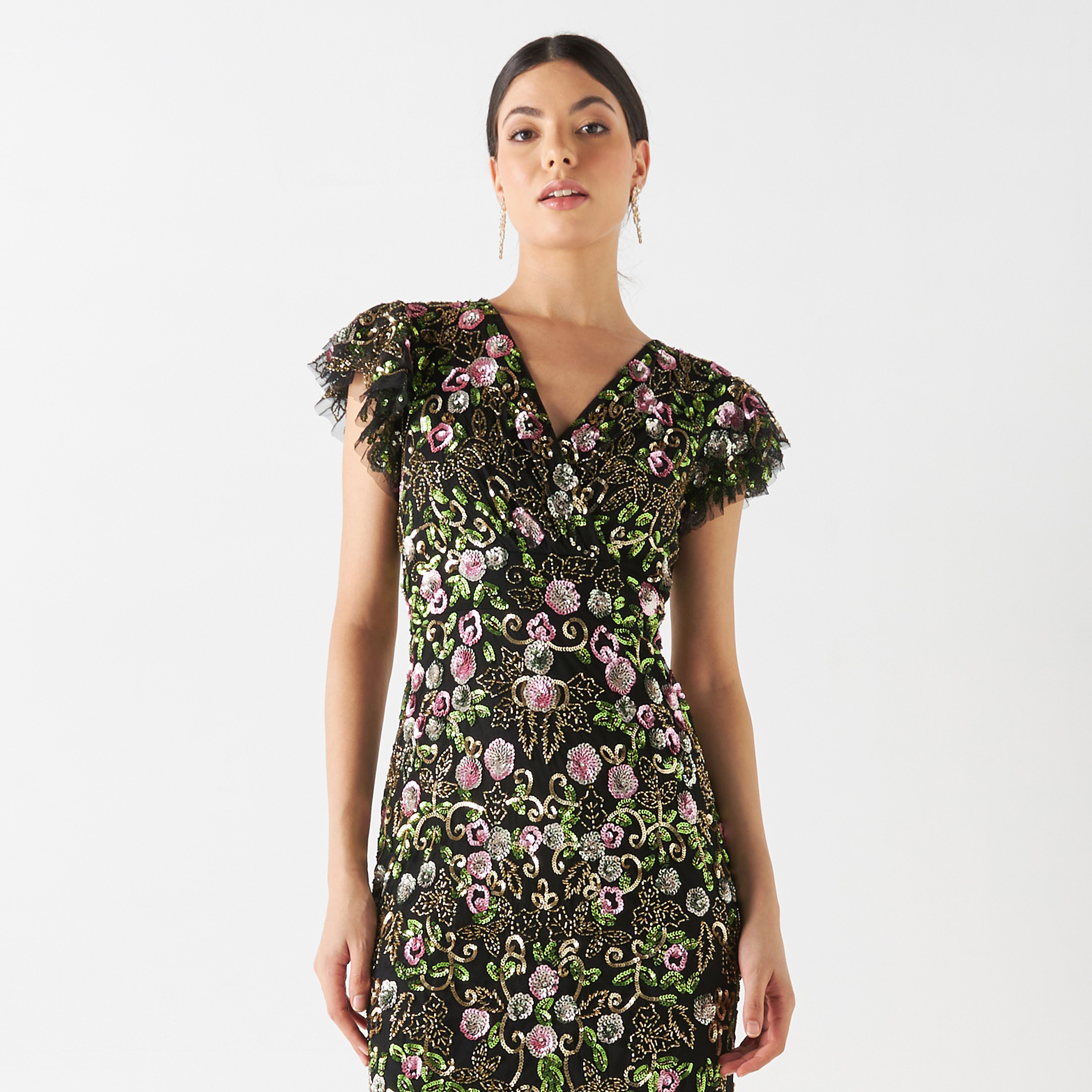 Buy Floral Sequin Embellished Midi Sheath Dress and V neck Splash UAE