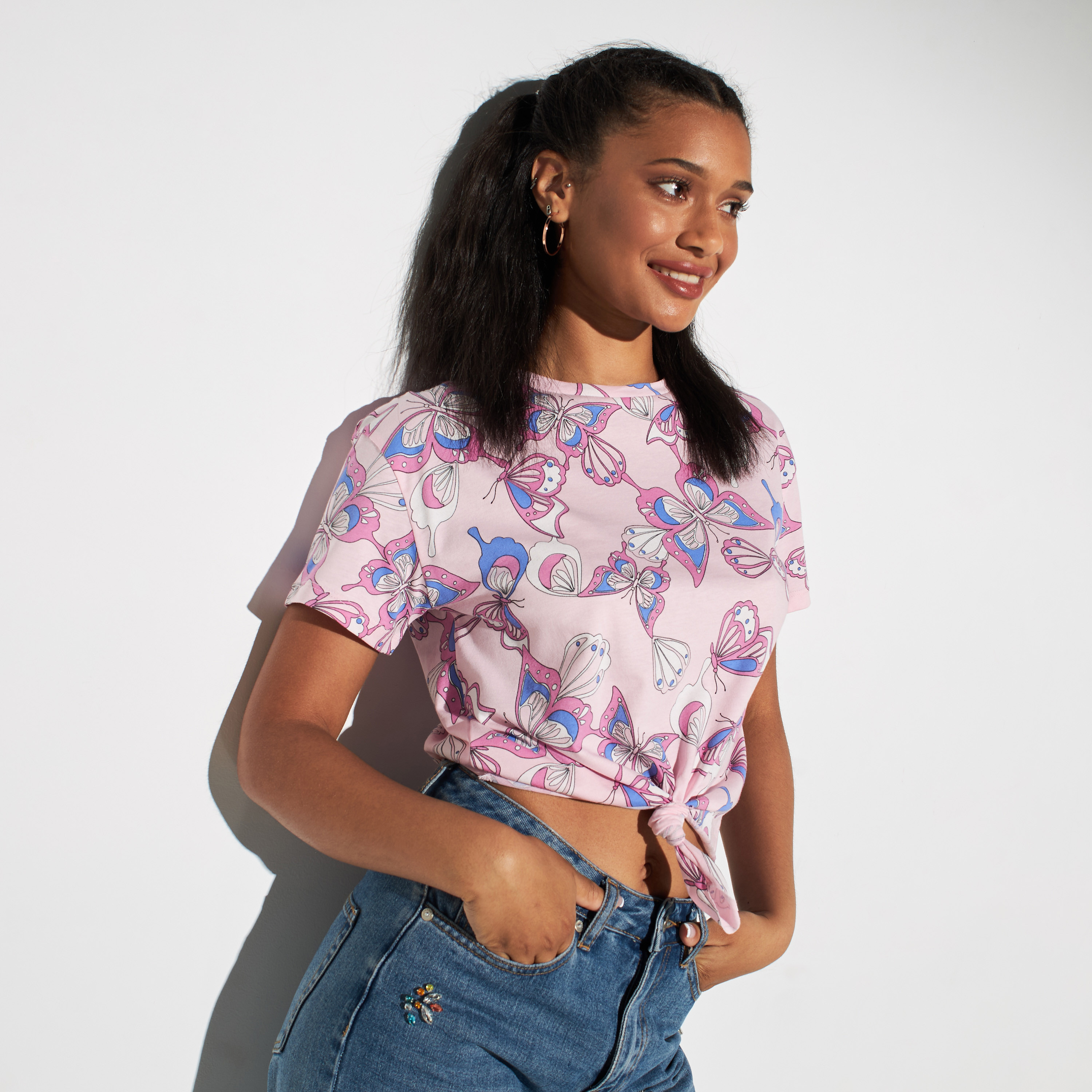 Buy Butterfly Print Crew Neck T shirt with Short Sleeves and Tie Ups Splash UAE