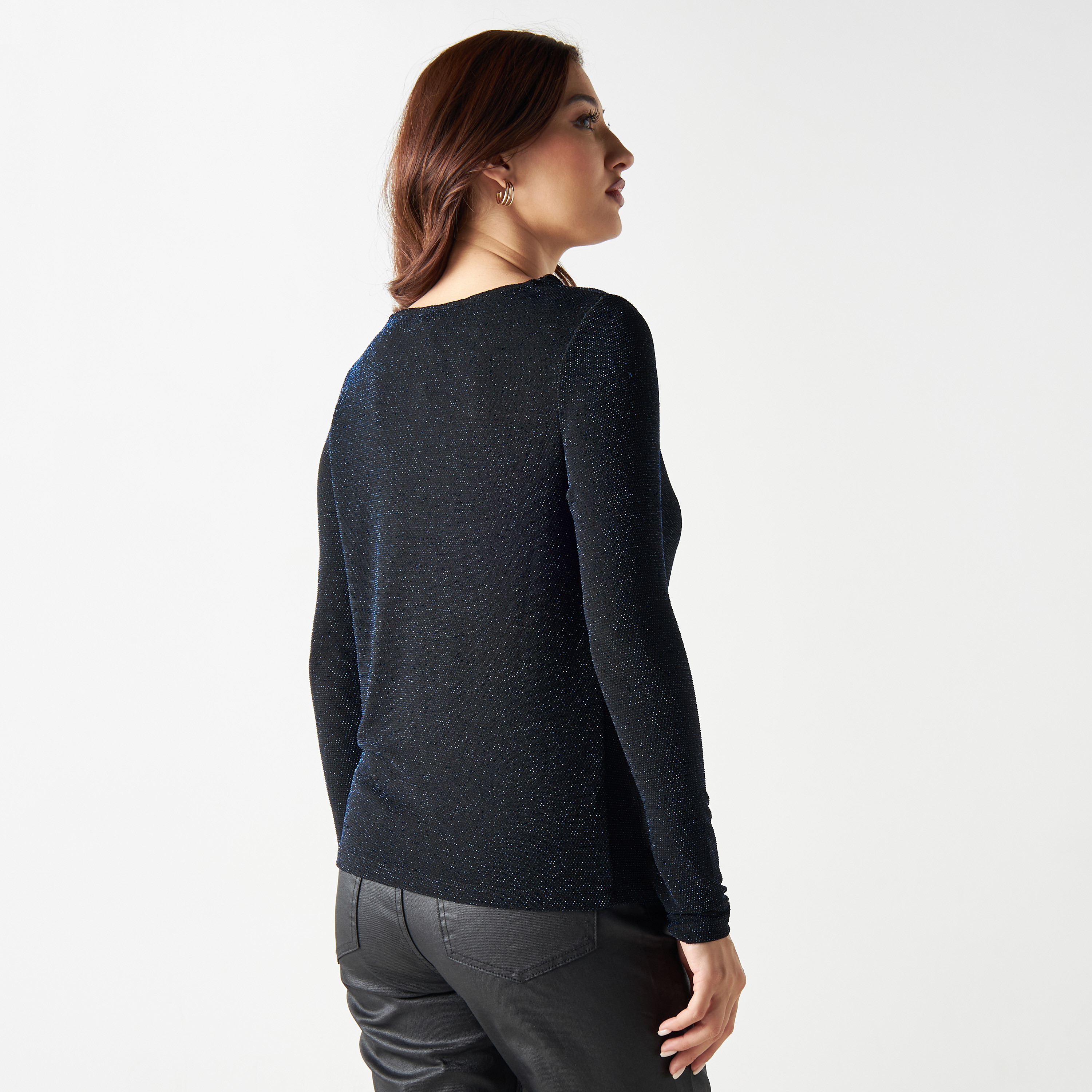 Textured Cowl Neck Top with Long Sleeves-women-clothing-shirtsandblouses-blouses-image-3