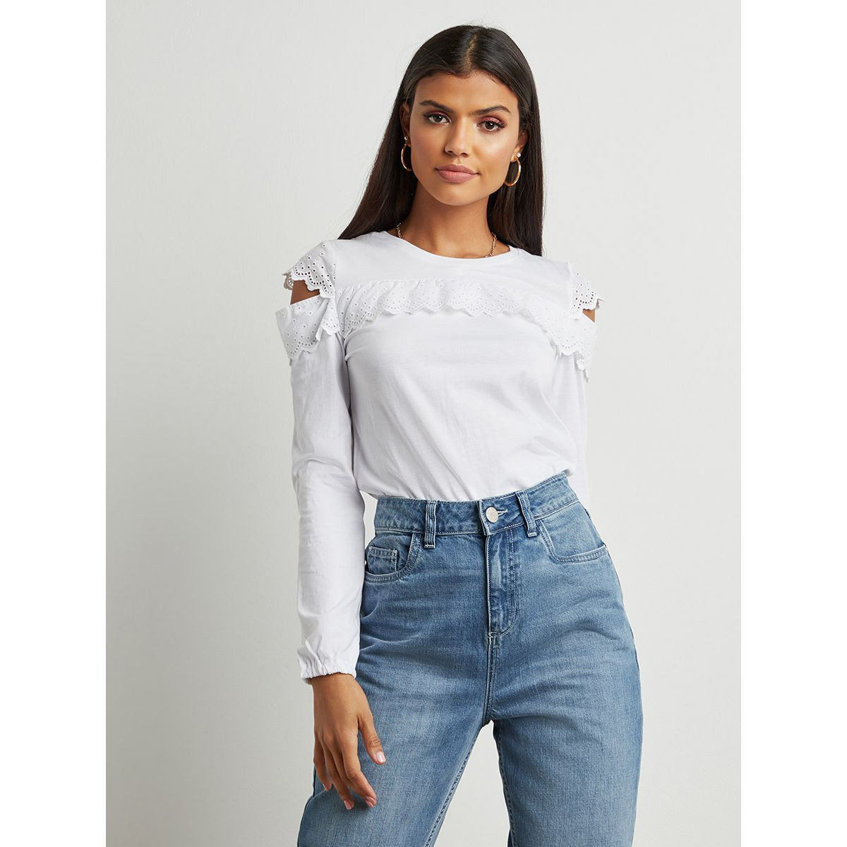Styli Broderie Trim Detail Long Sleeves Top-women-clothing-shirtsandblouses-blouses-image-1
