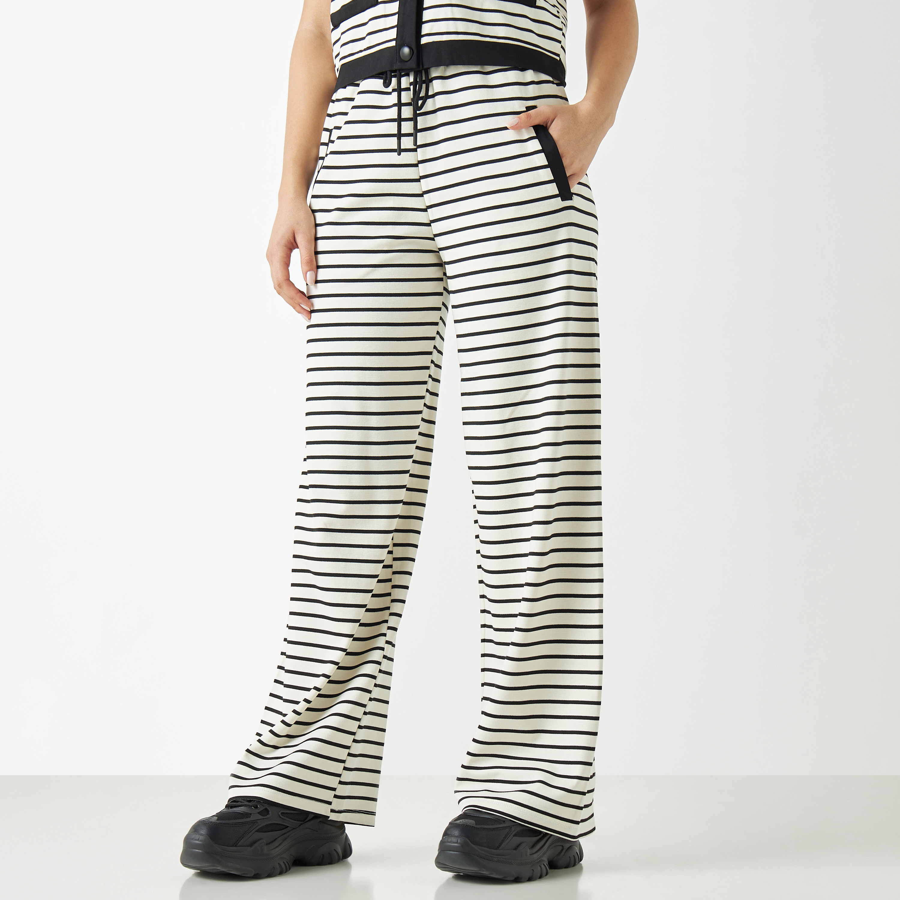 Womens black and white striped sale pants