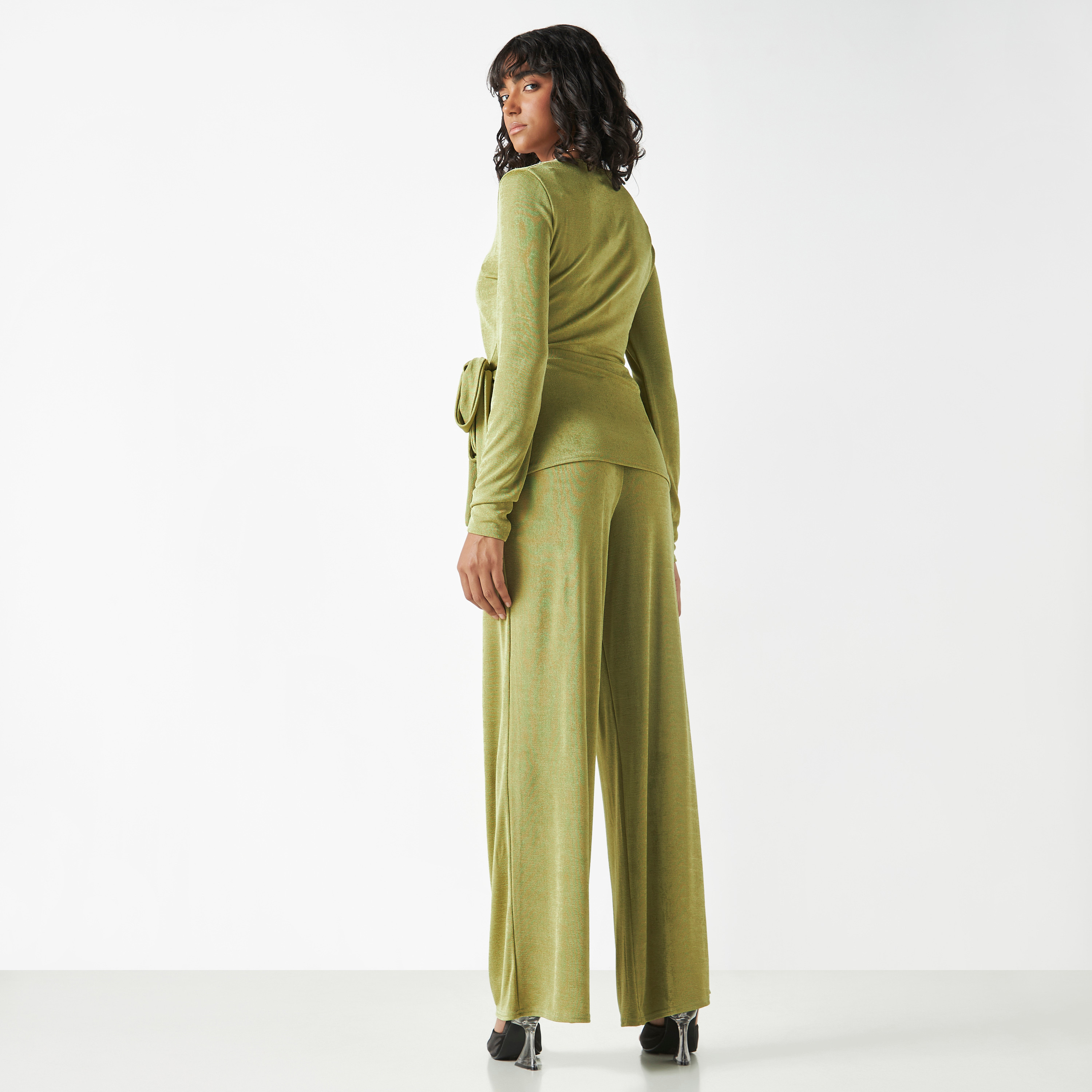 Shop Textured Wrap Top with Tie-Ups and Long Sleeves Online