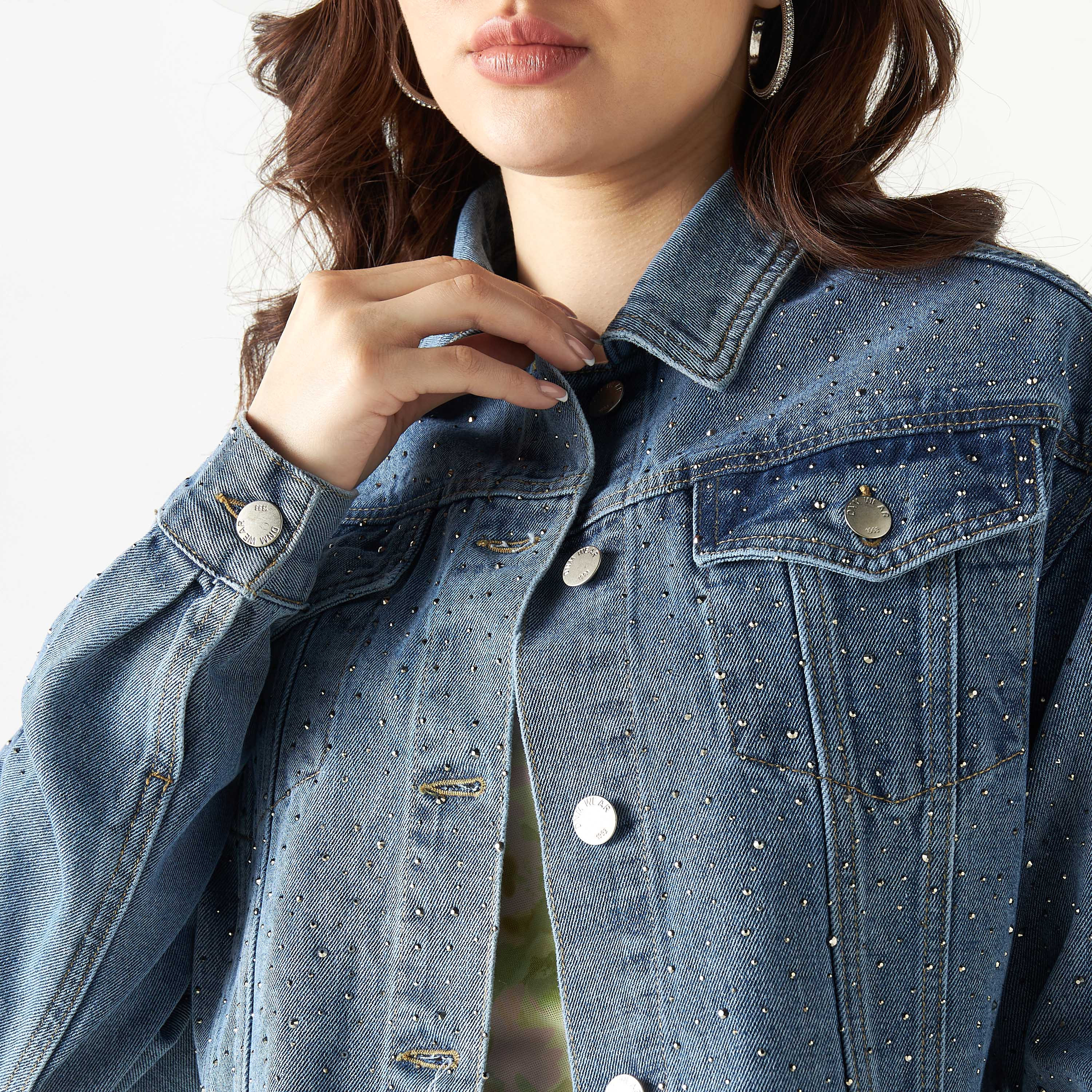 Embellished denim sale jacket plus size