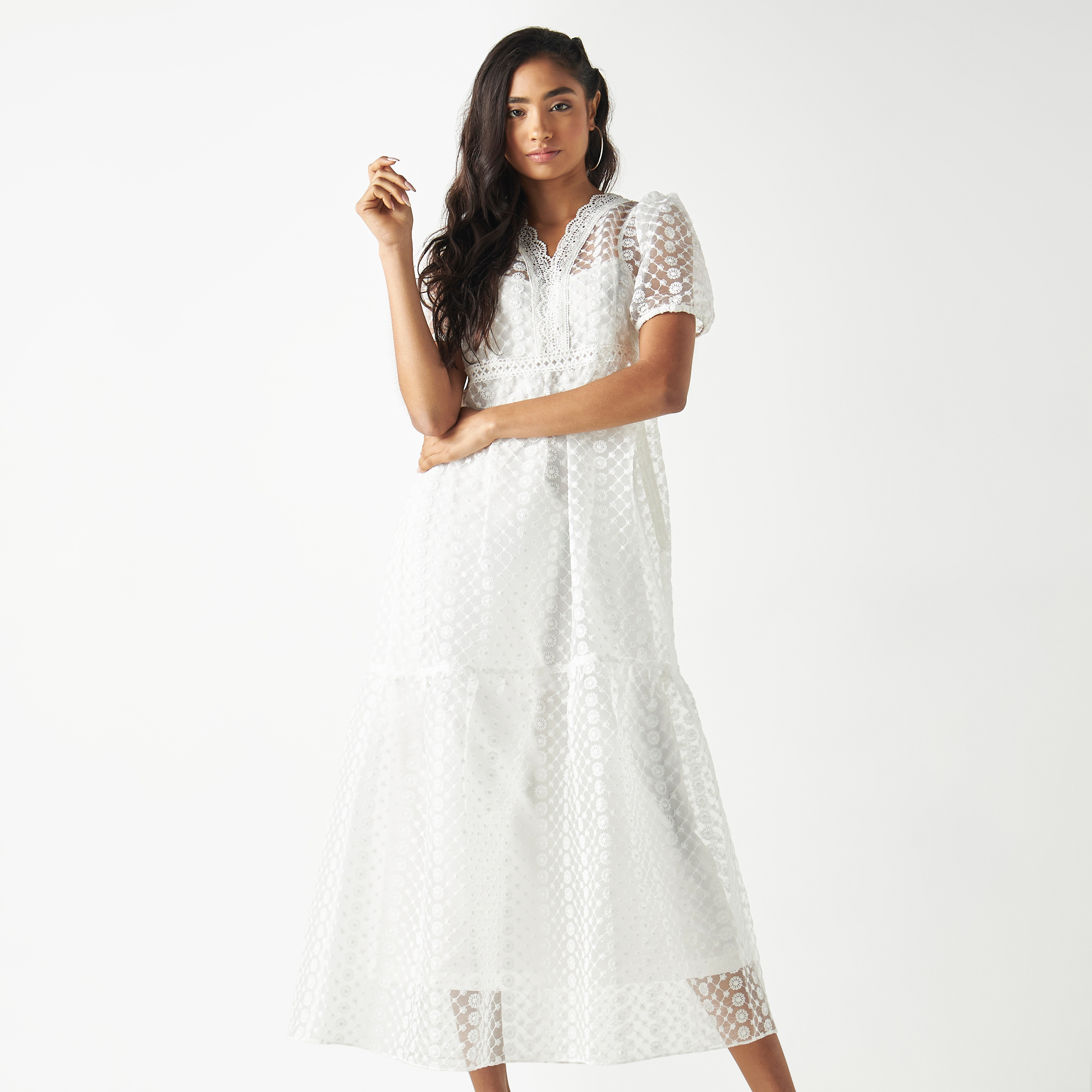 Shop Floral Textured Tiered Maxi Dress with Puff Sleeves