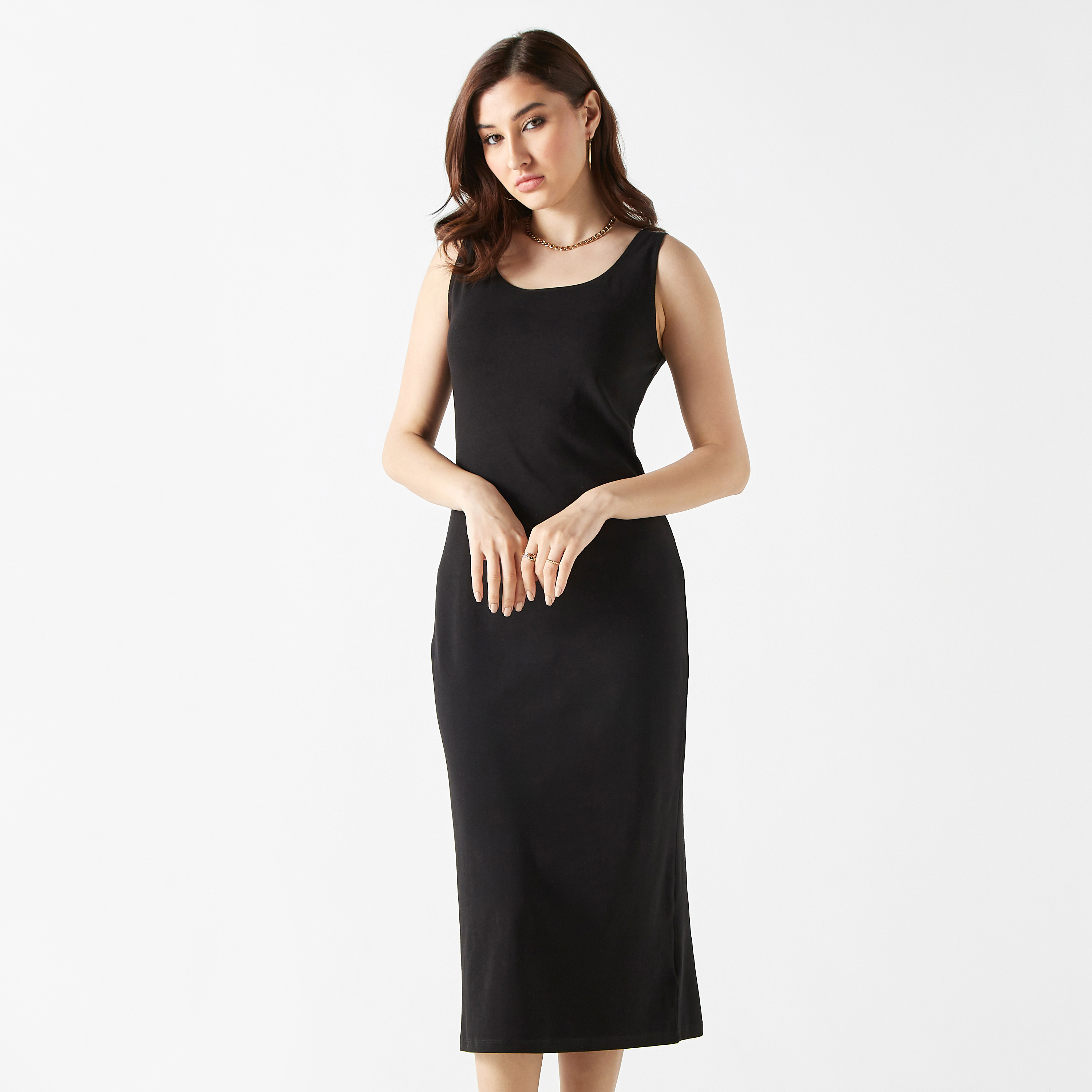 Buy Women s Solid Sleeveless Sheath Dress with Slit Online