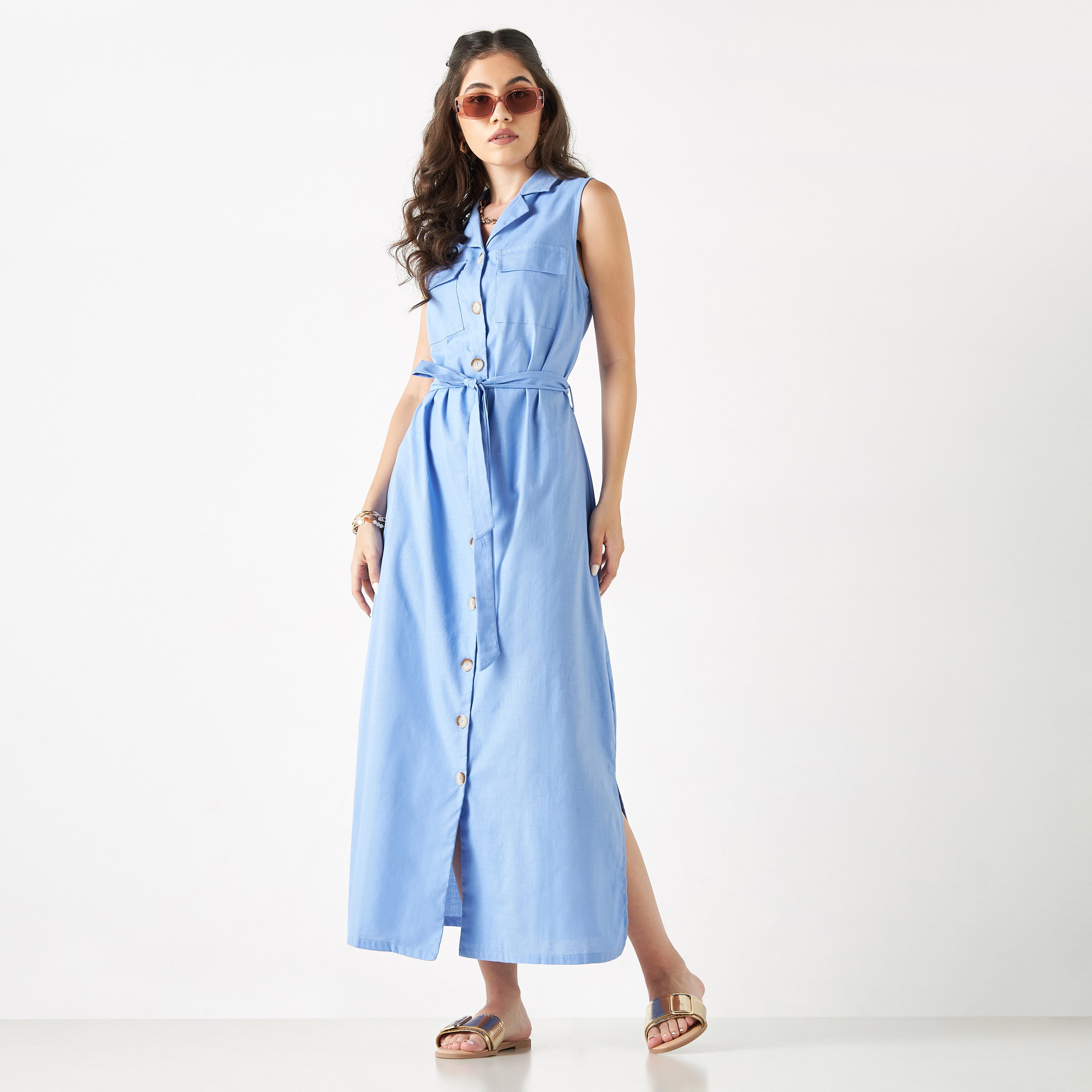 Sleeveless Shirt Dress with Tie Up Belt