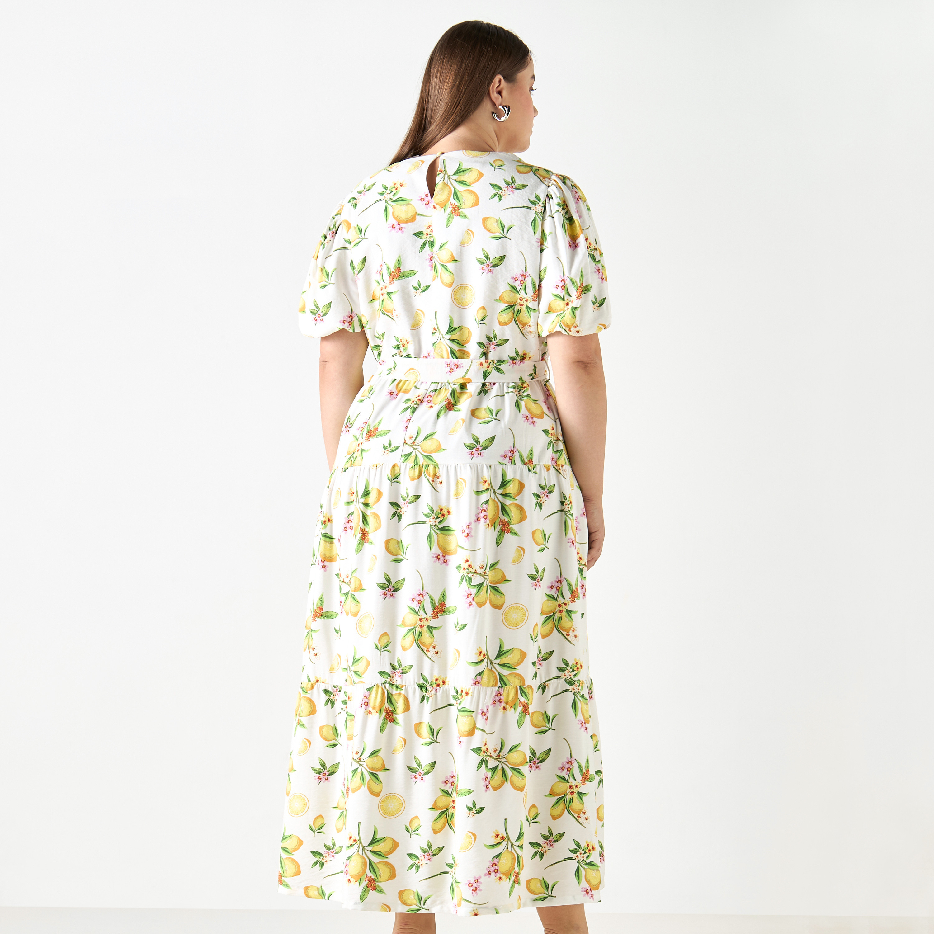 Plus Size All Over Lemon Print Dress with Puff Sleeves and Tie Up Belt