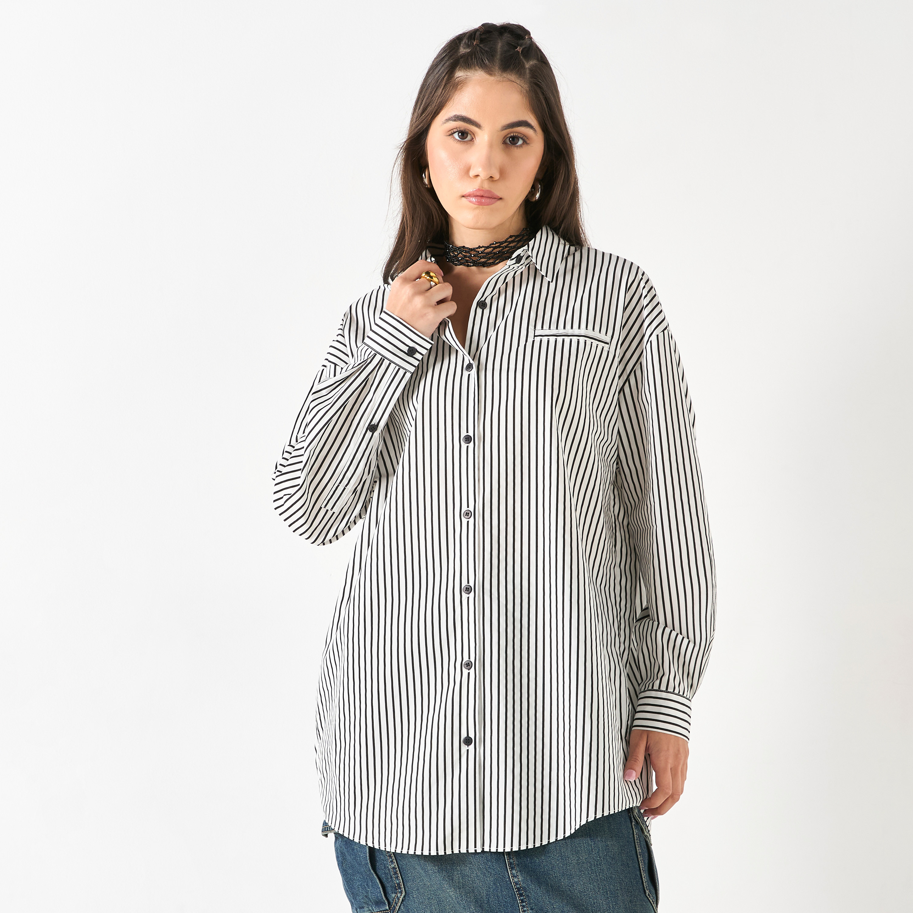 Shop Striped Oversized Shirt with Long Sleeves Online