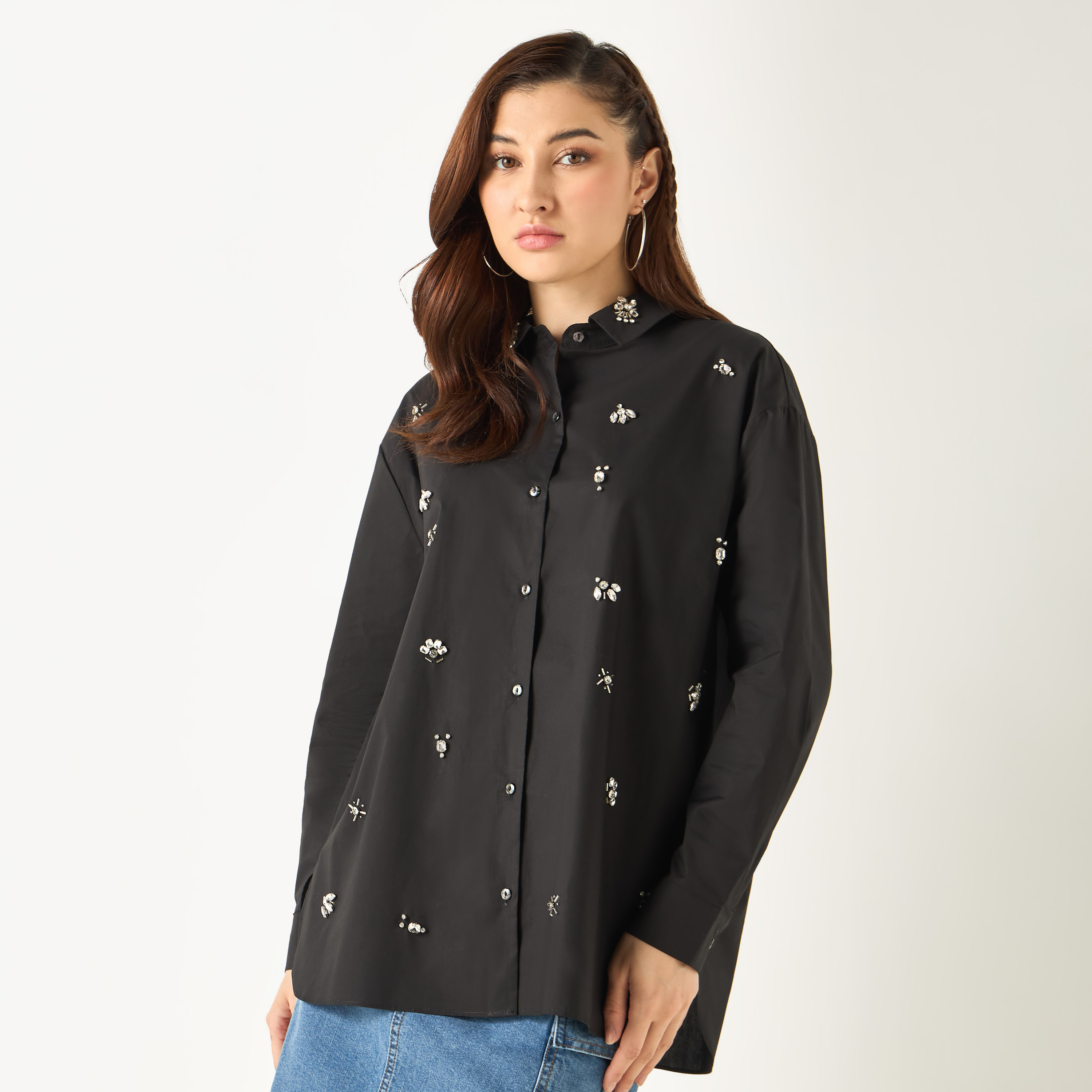 boohoo OPEN STITCH リラックス ニット シャツ STONE Oversized Boxy Fit Crochet Shirt | boohooMAN USA