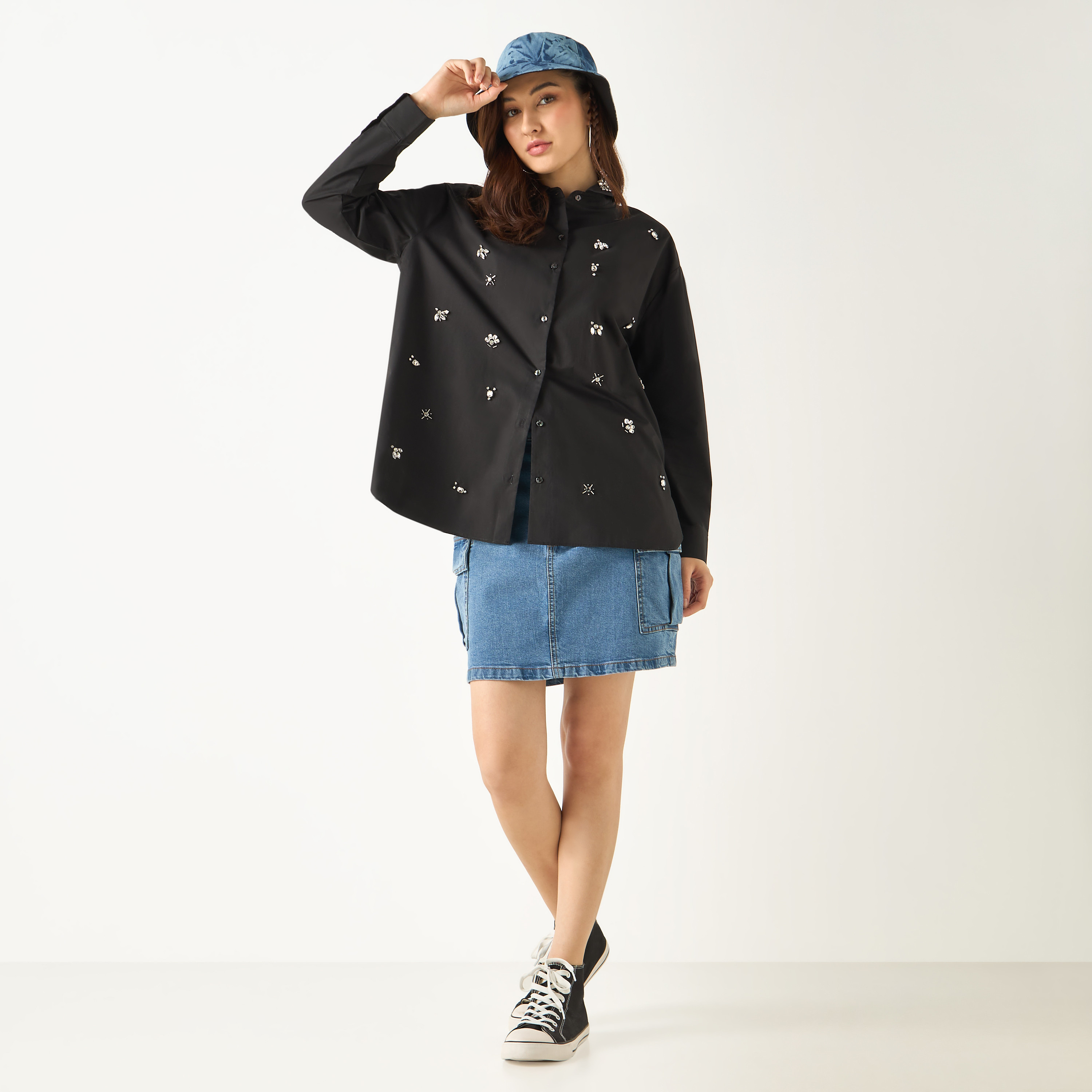 Shop Stone Embellished Oversized Shirt with Long Sleeves and