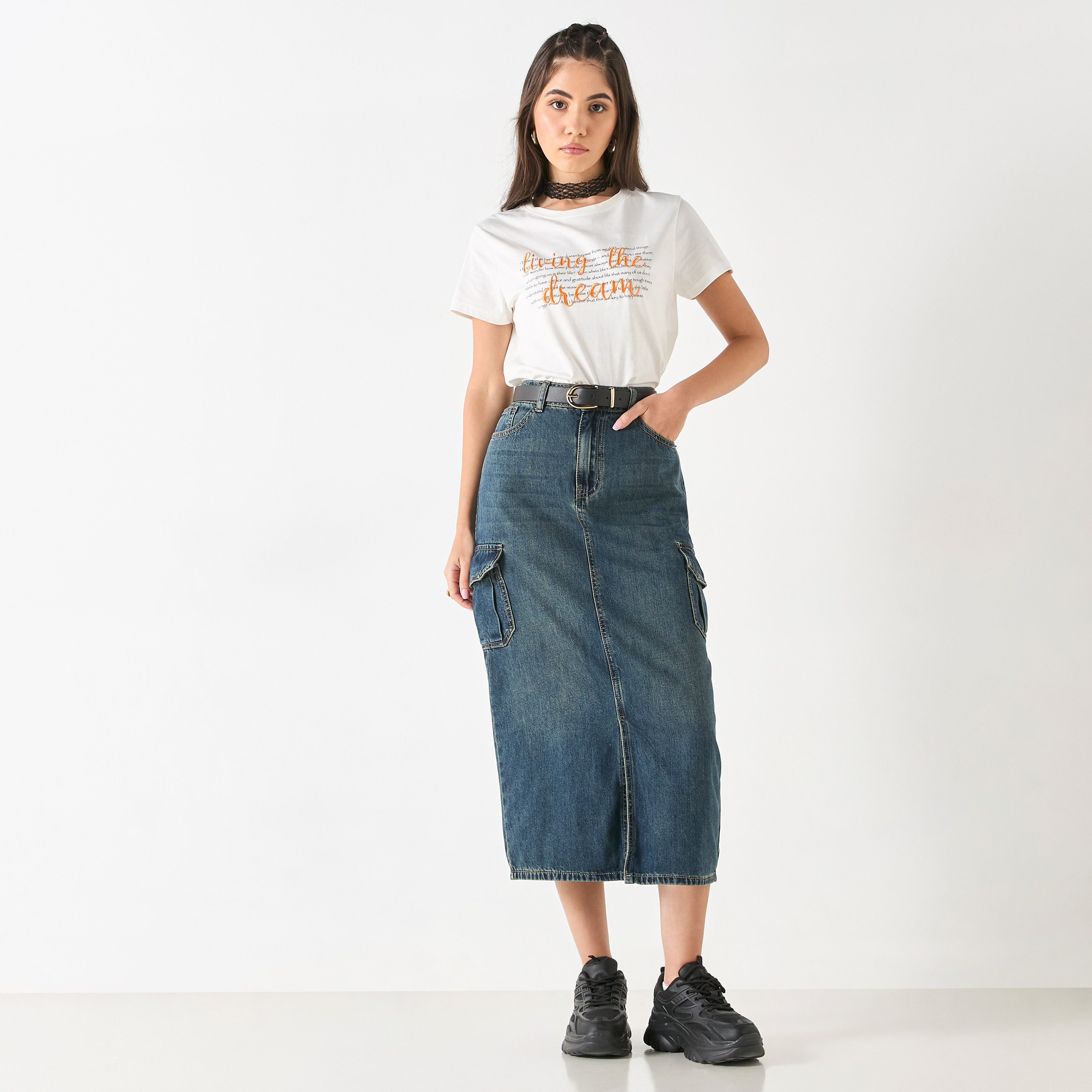 【in a row】Denim Cargo Skirt Women's Cargo Denim Skirt Warehouse One