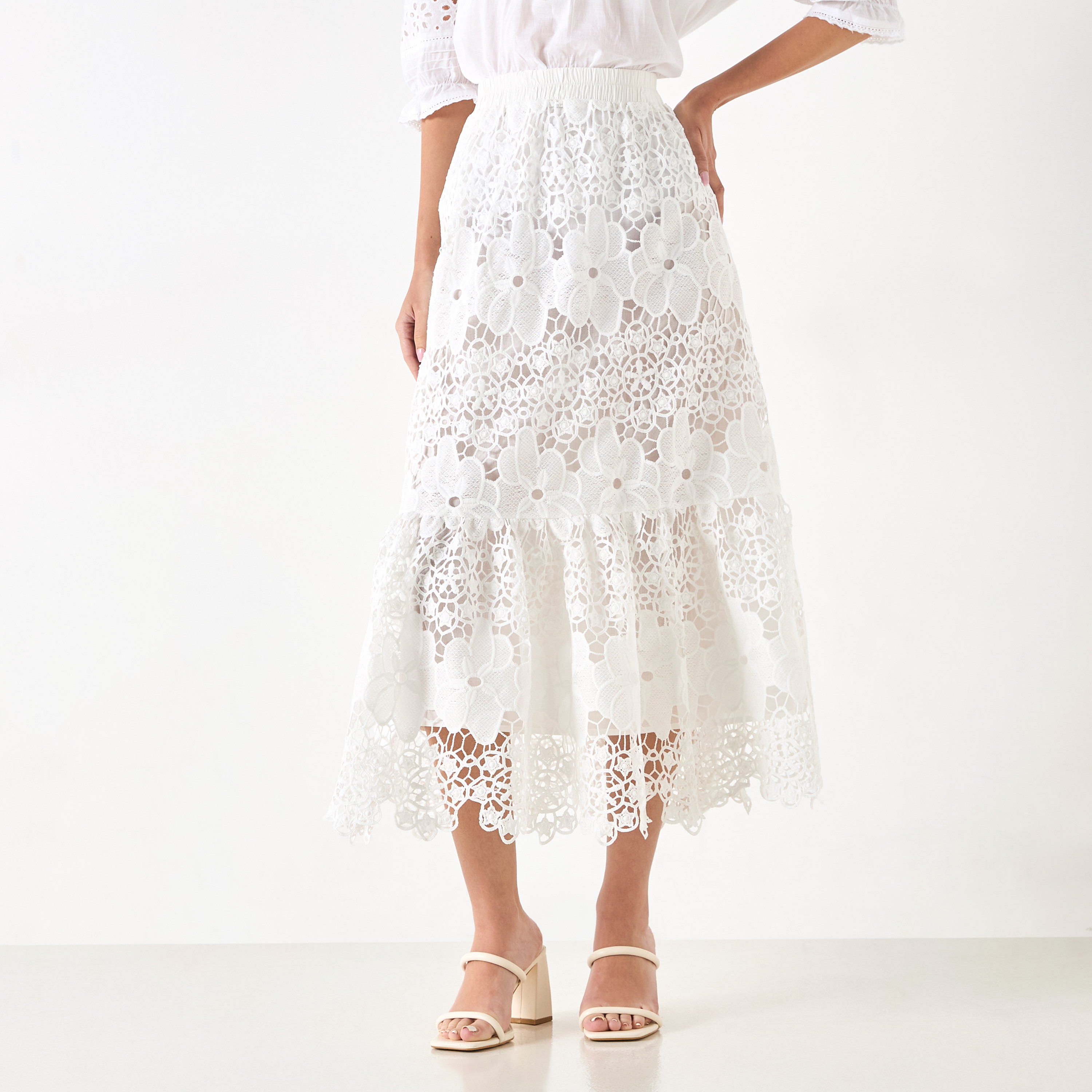 All Over Embroidered Midi Skirt with Elasticated Waistband