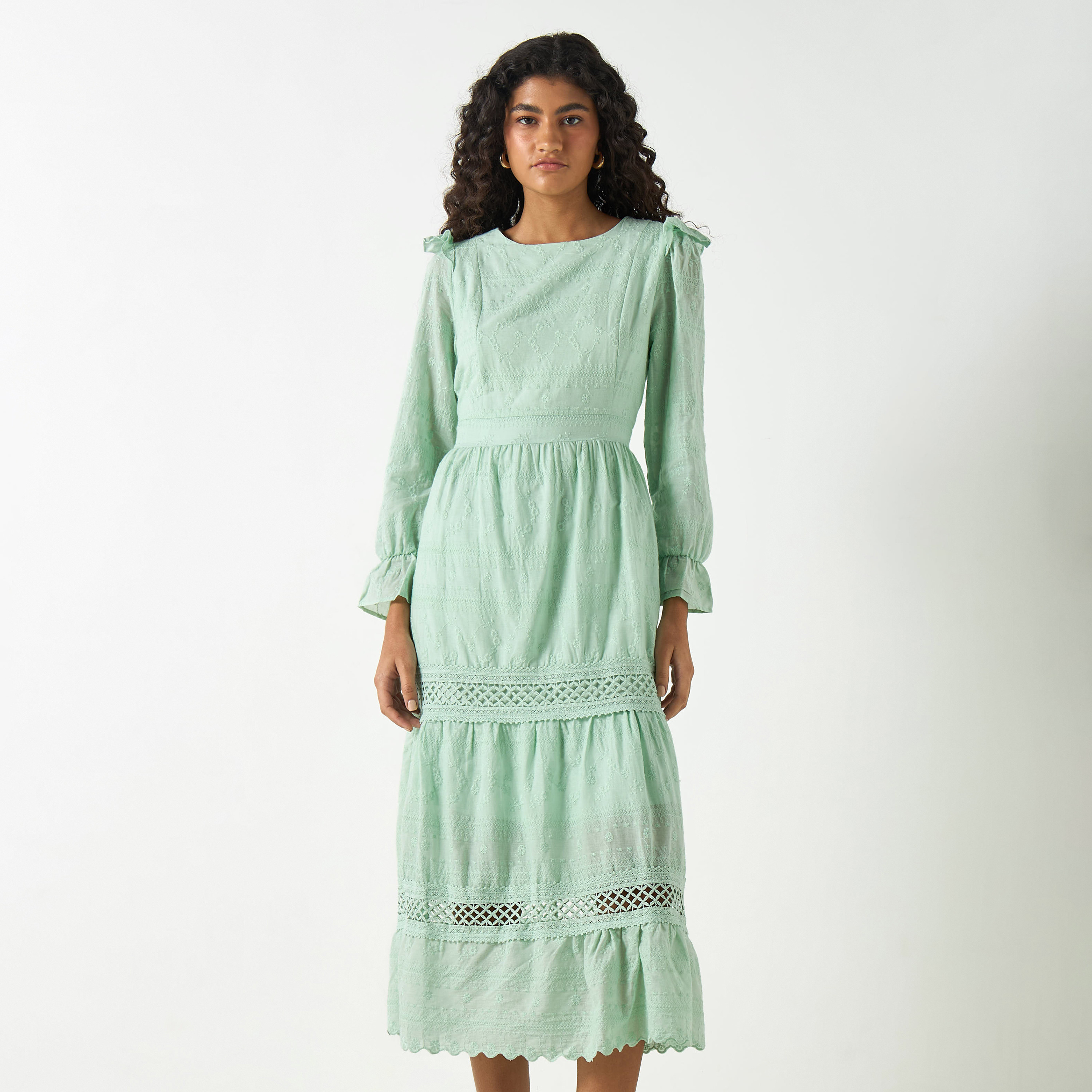 Buy All Over Embroidered A line Dress with Bell Sleeves and Ruffles Splash KSA