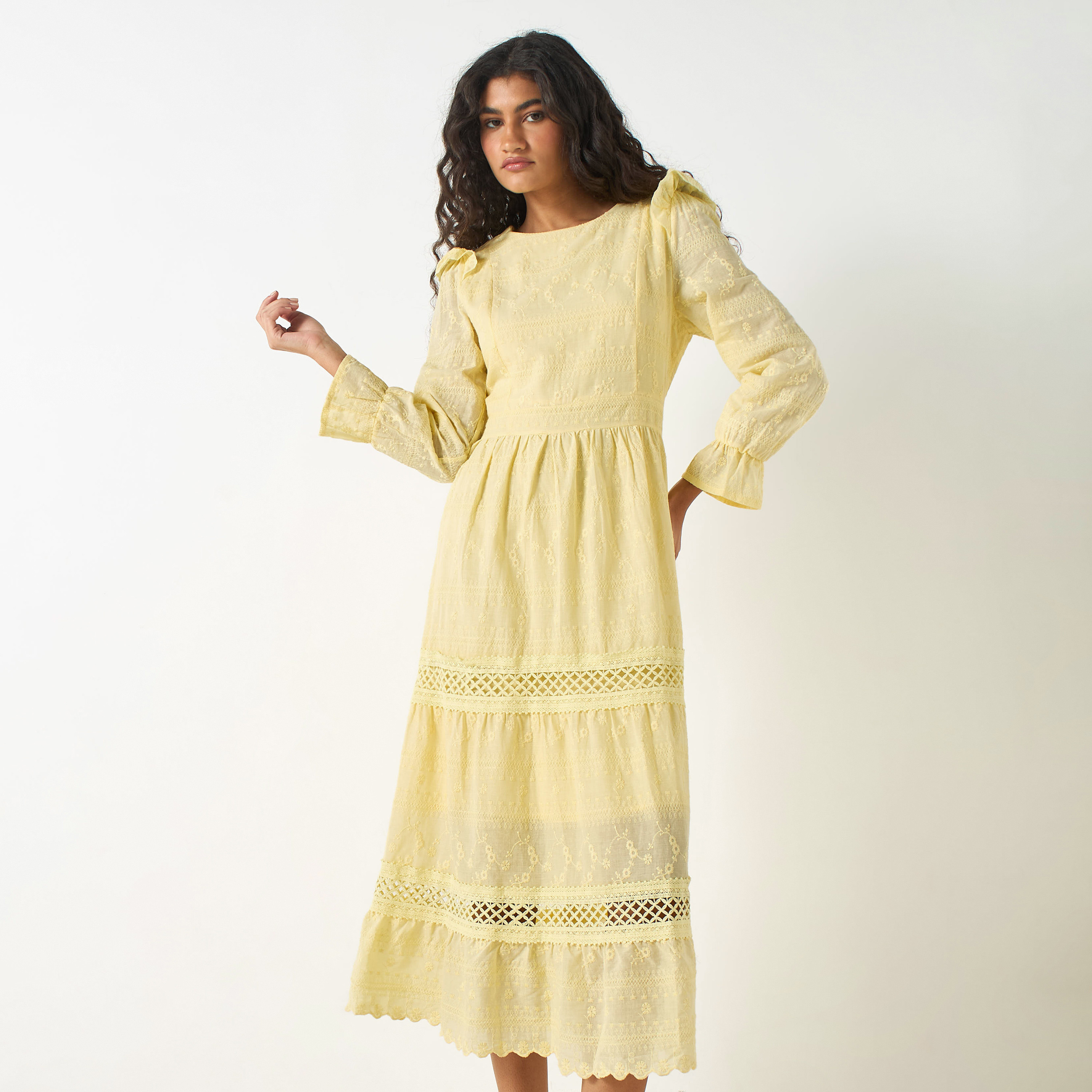All Over Embroidered A line Dress with Bell Sleeves and Ruffles