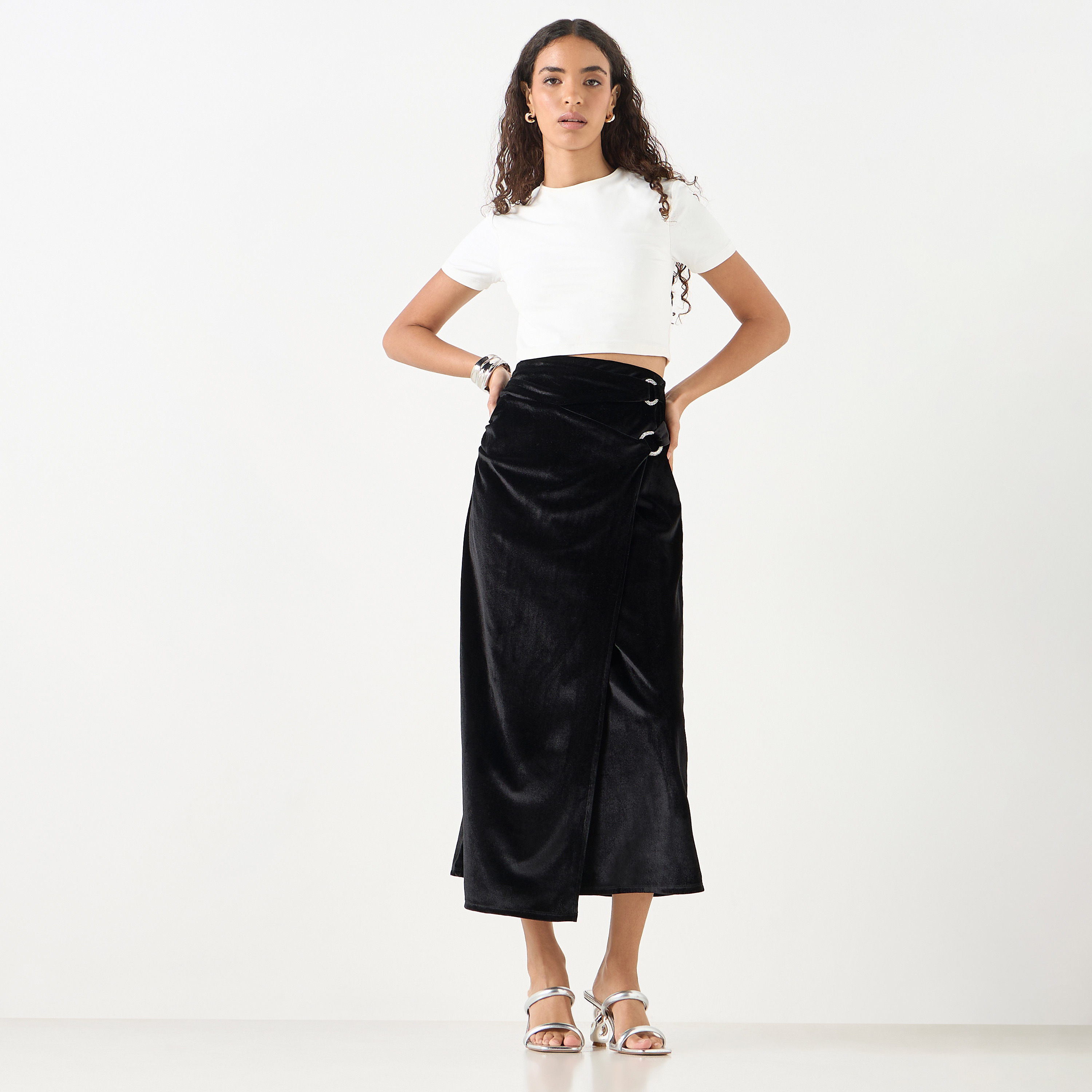 Metallic wrap midi skirt best sale