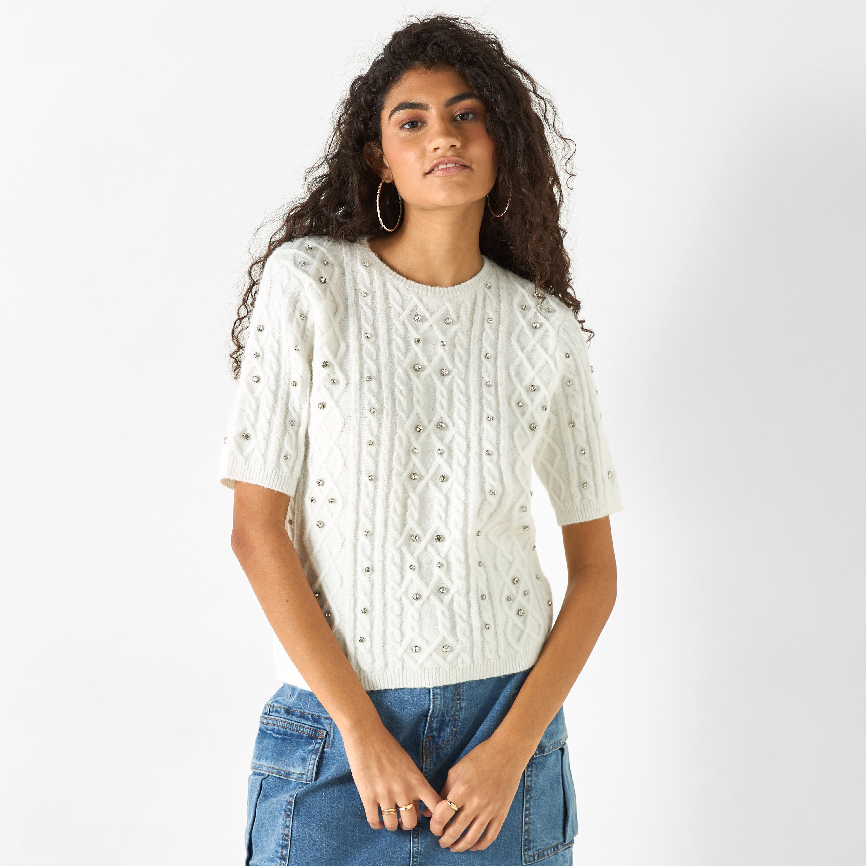 Buy Women s Stone Embellished Sweater with Round Neck and Short Sleeves Online Centrepoint Bahrain