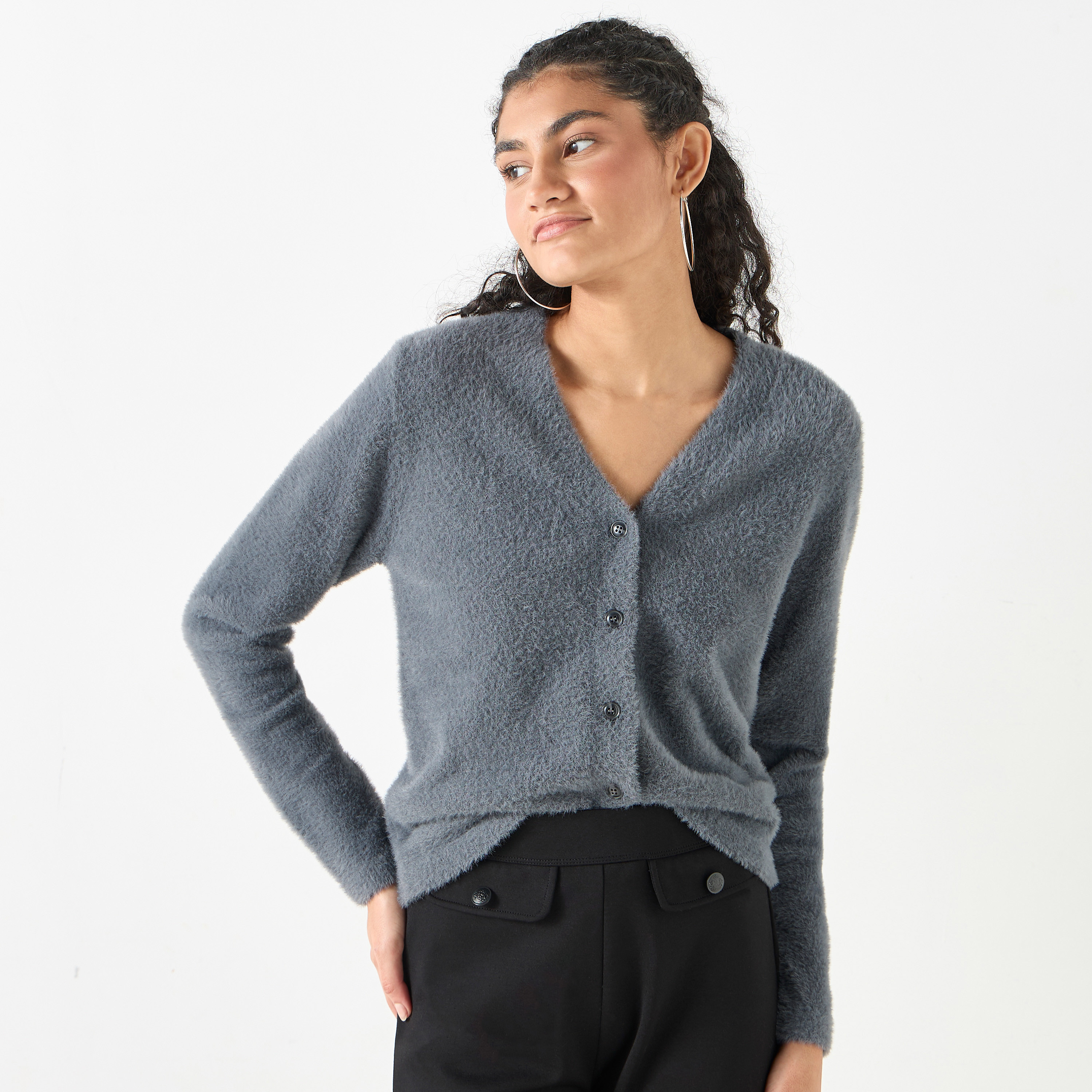 Buy Textured Button Through Cardigan with Long Sleeves Online ...