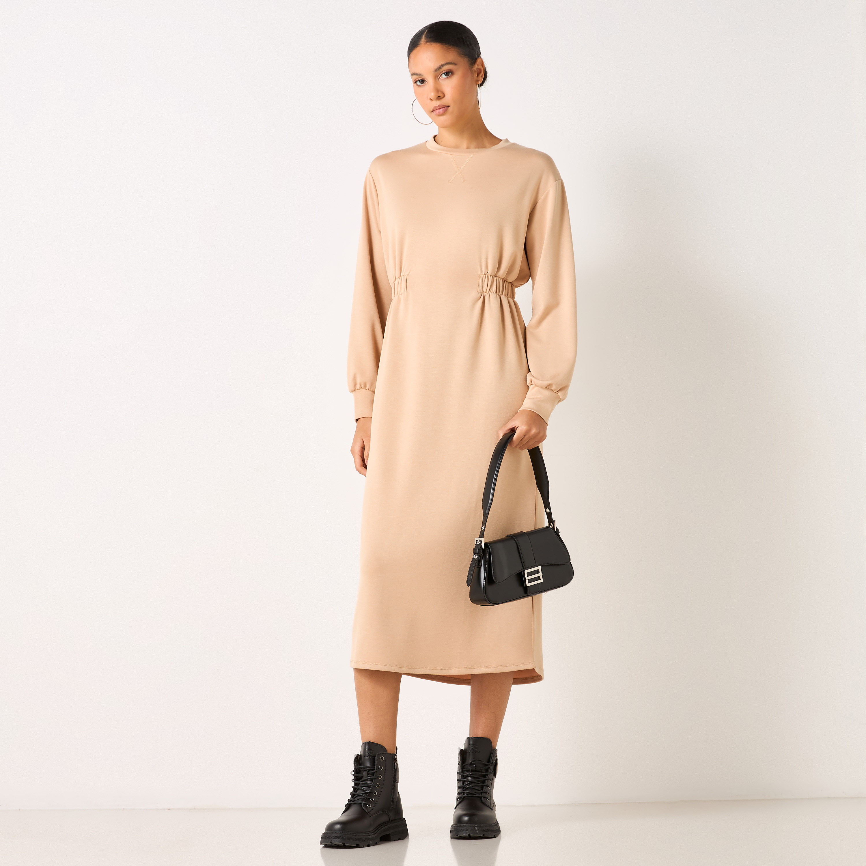 Buy Round Neck Midi Sweatshirt Dress with Elasticated Waist Online |  Centrepoint UAE